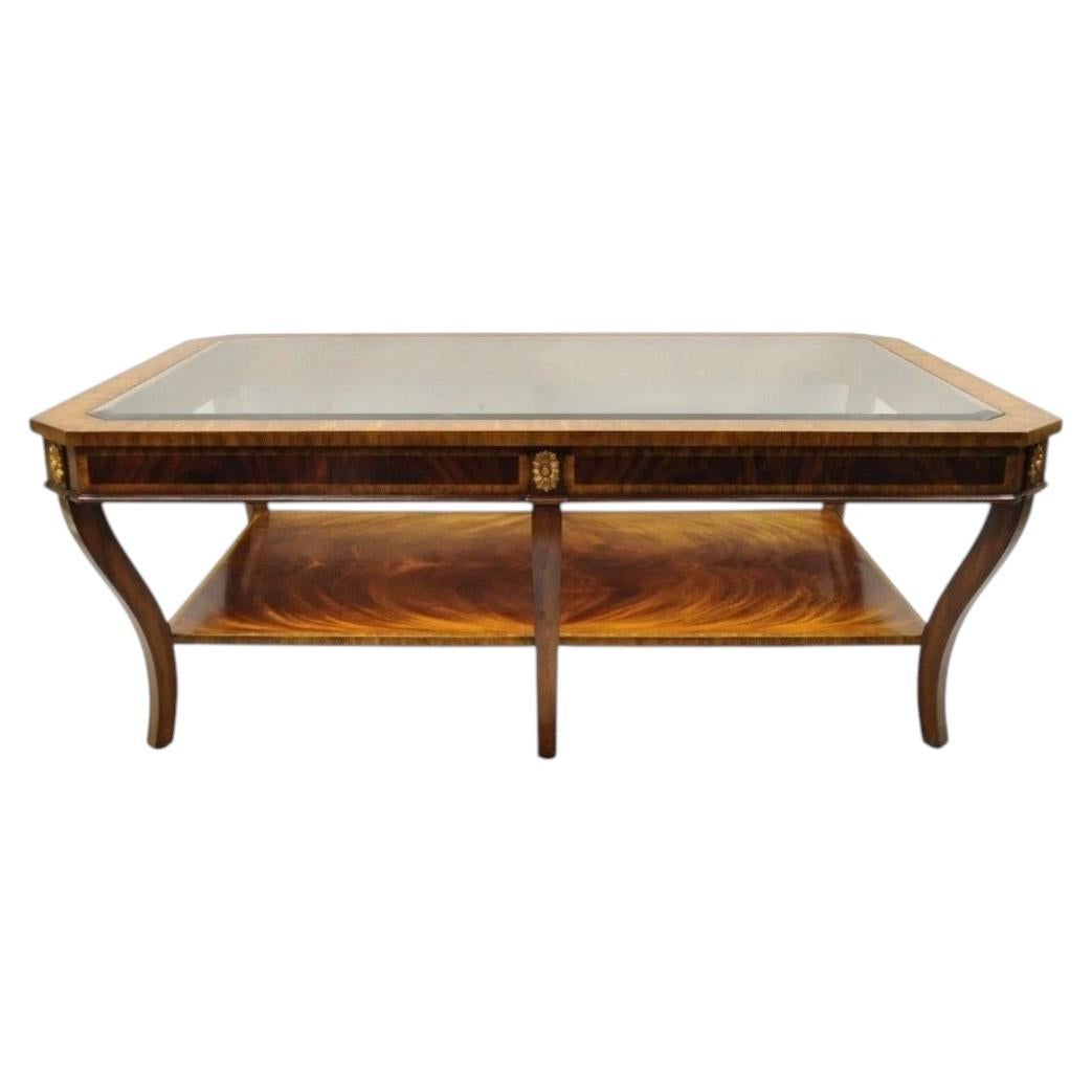 Maitland Smith Empire Style Large Banded Inlay Mahogany Glass Top Coffee Table For Sale