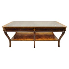 Maitland Smith Empire Style Large Banded Inlay Mahogany Glass Top Coffee Table