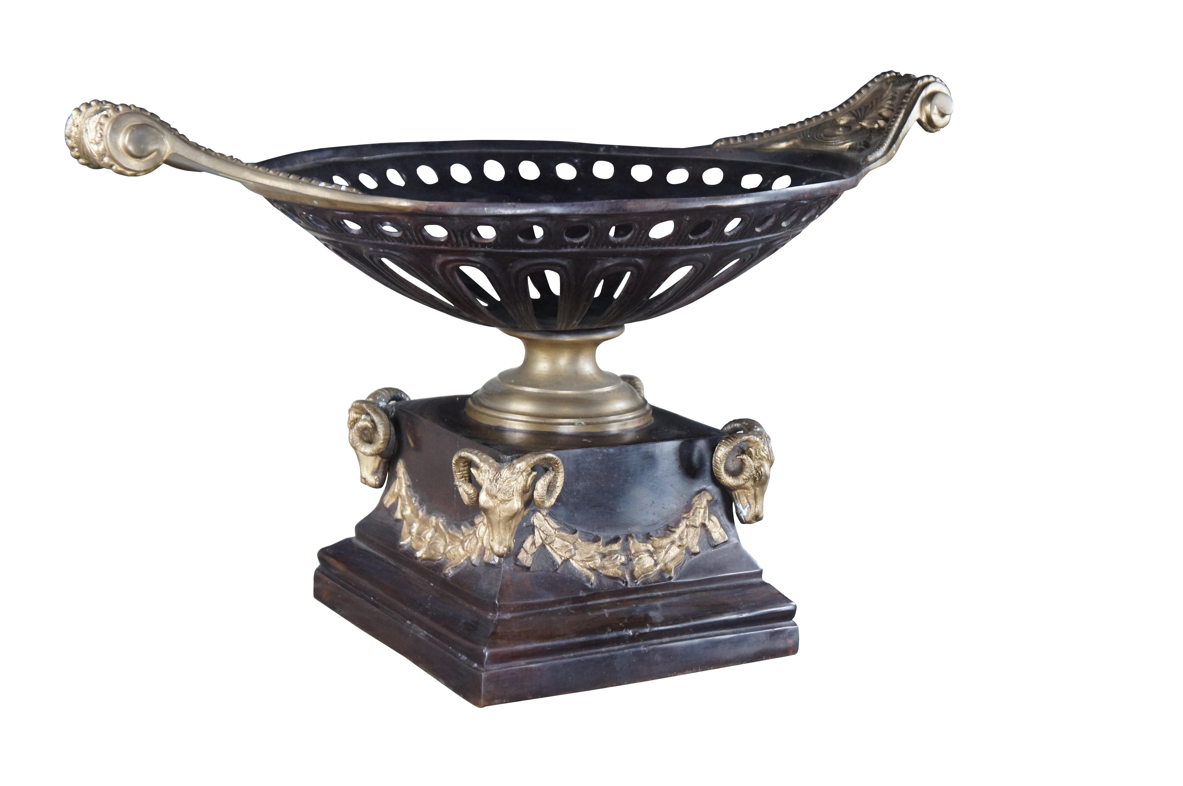 Maitland Smith English Regency inspired compote or centerpiece. Made from bronze with a two-tone reticulated bowl over a base with ornate rams heads at each corner. A great display piece that could be re-purposed as a planter / jardinière / cache