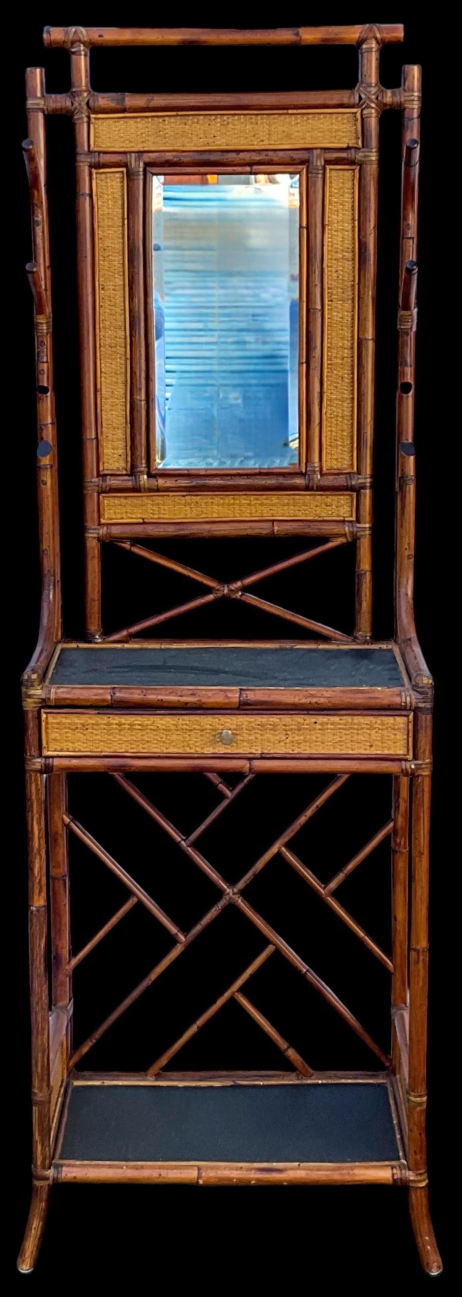 Aesthetic Movement Maitland -Smith English Style Burnt Bamboo & Grasscloth Hall Tree / Coat Rack