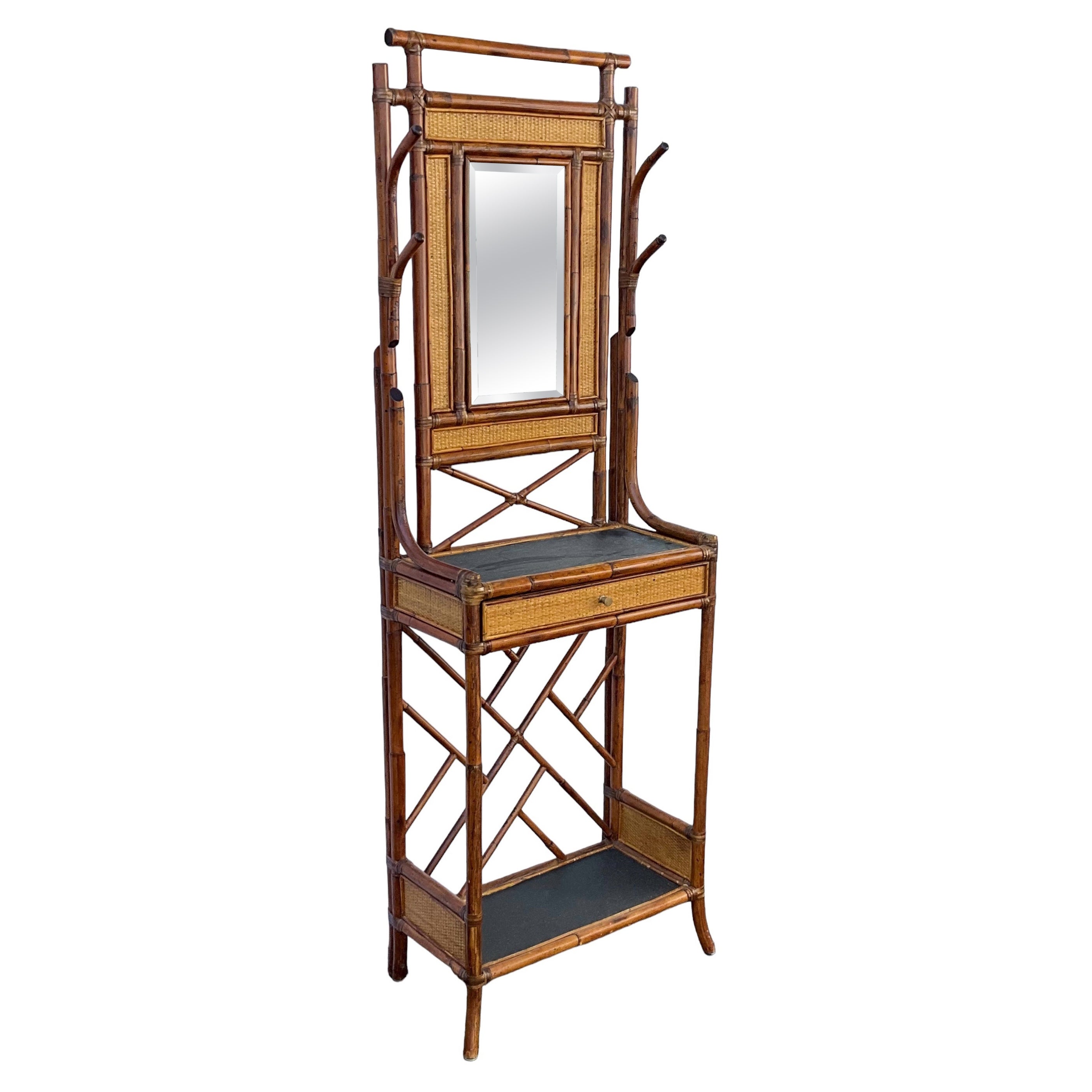 Maitland -Smith English Style Burnt Bamboo & Grasscloth Hall Tree / Coat Rack