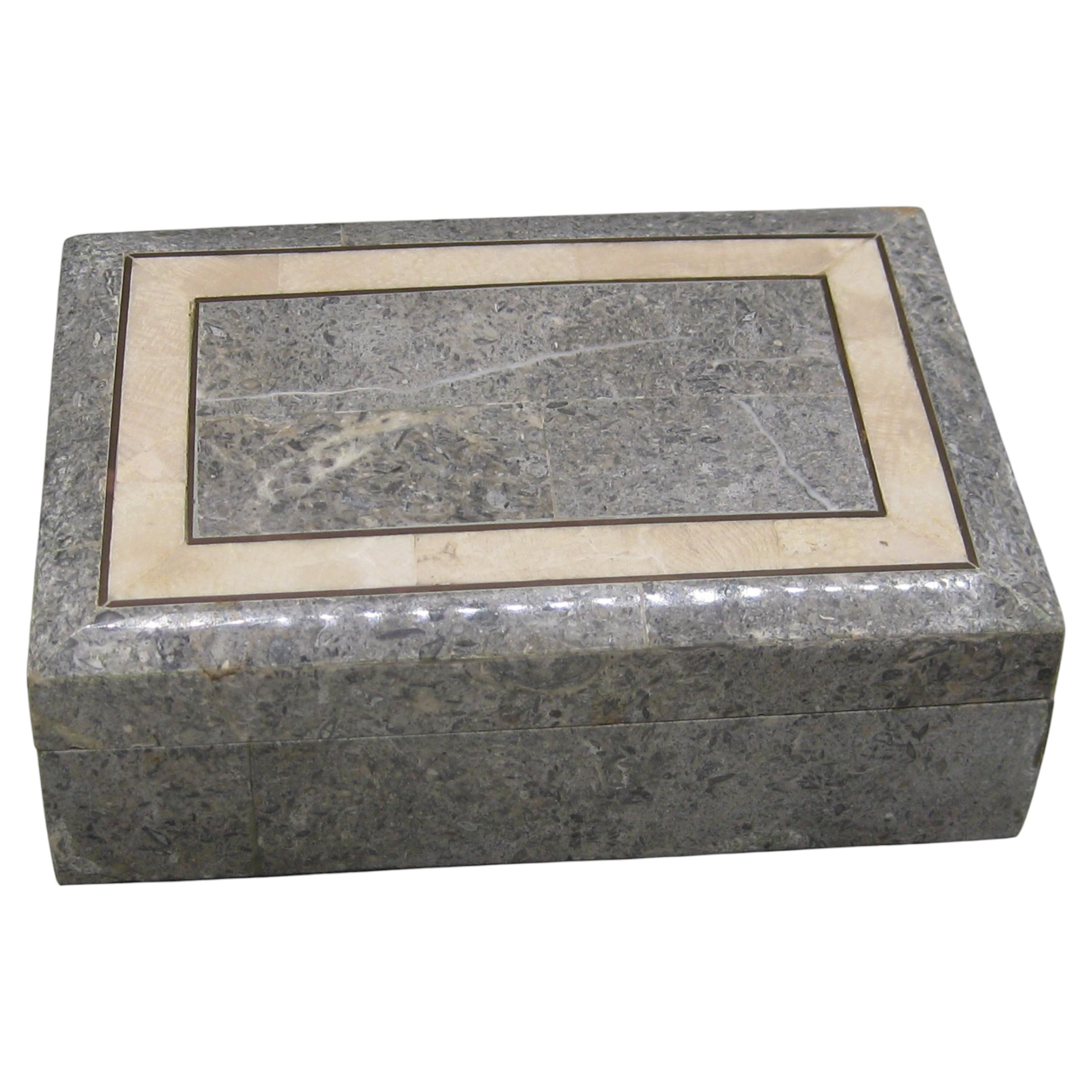 Maitland Smith Era Tessellated Fossilized Stone & Brass Jewelry Stash Box