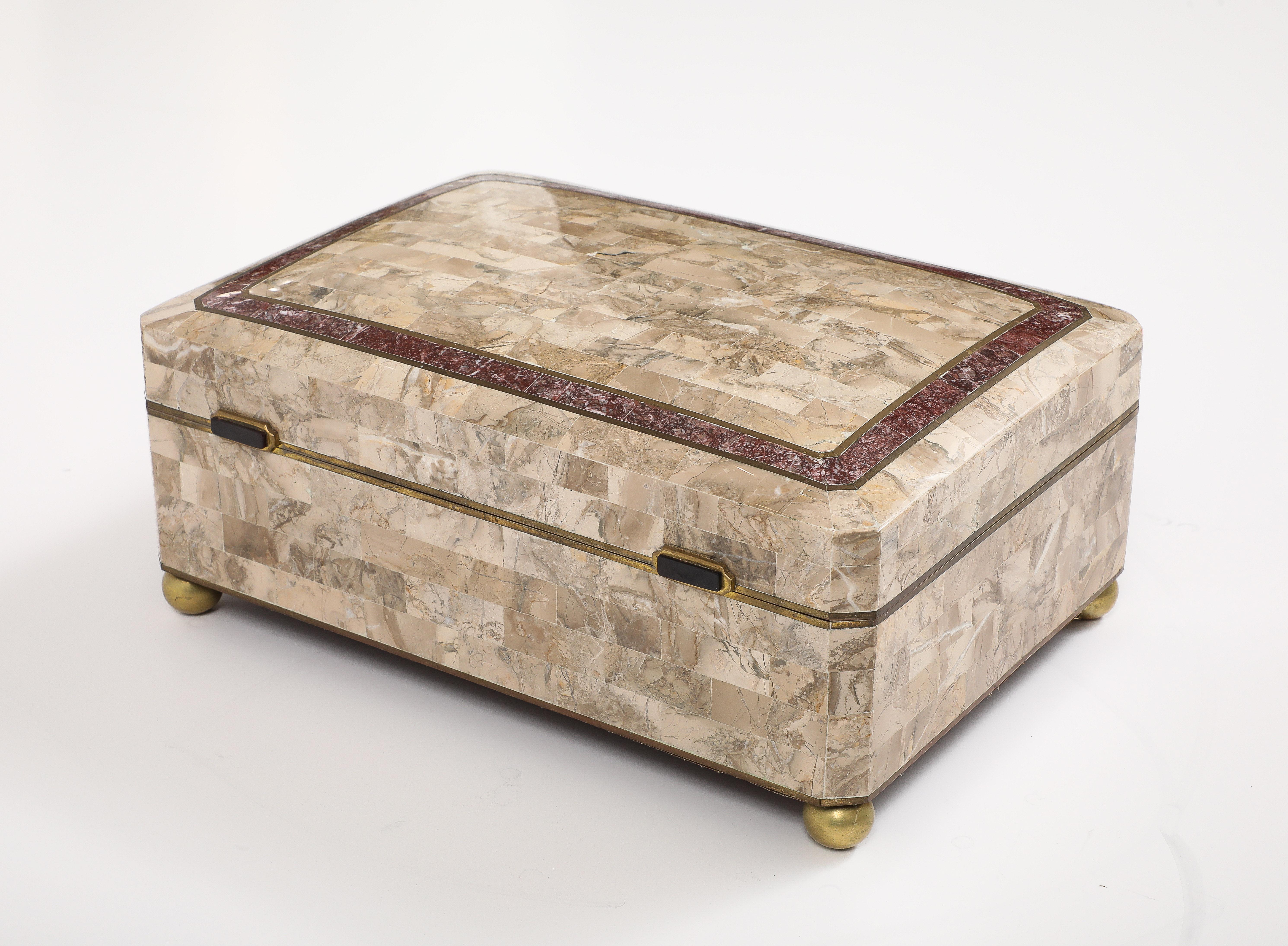 Mid-Century Modern Maitland Smith Extra Large Tessellated Travertine and Brass Box For Sale