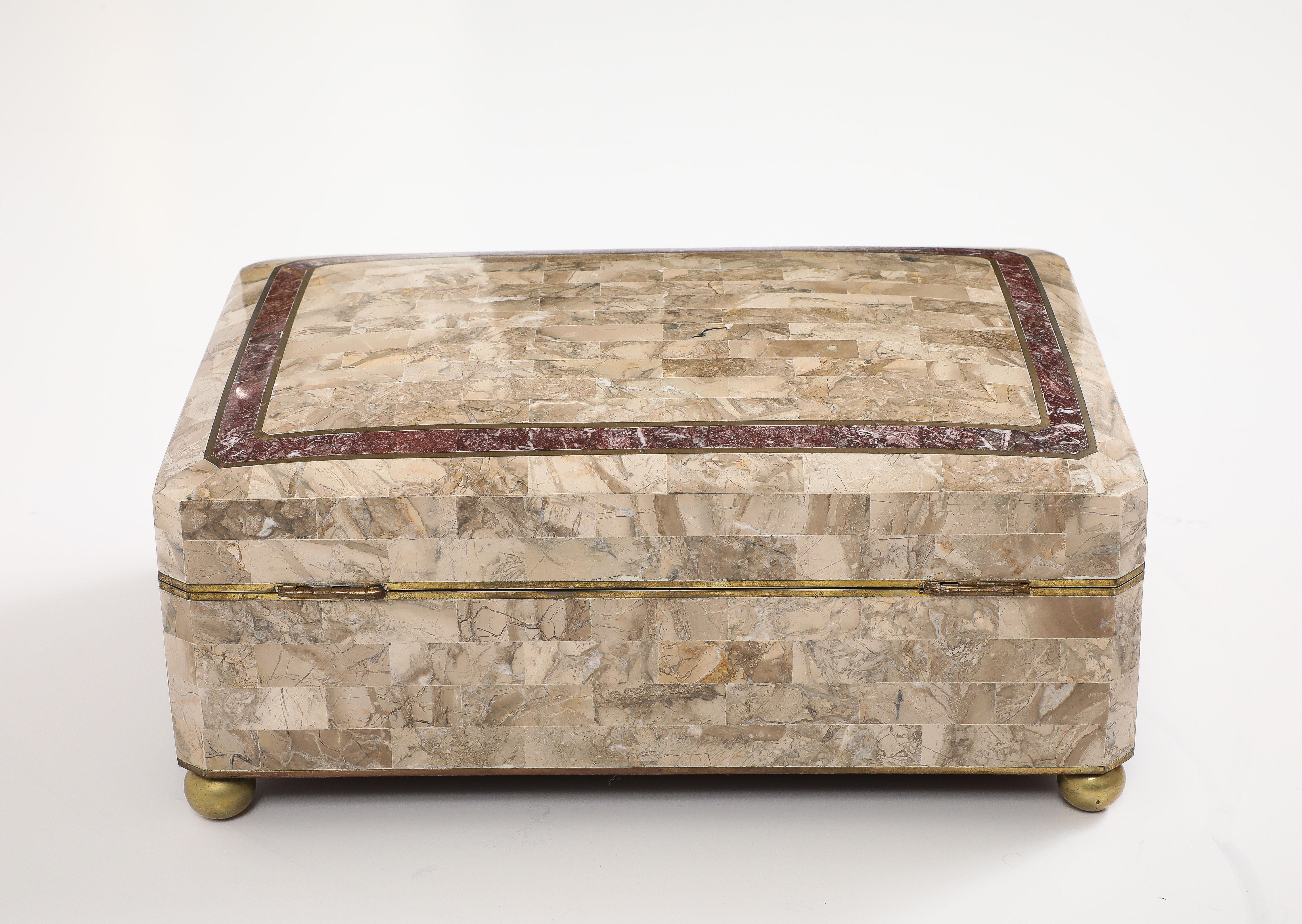 Maitland Smith Extra Large Tessellated Travertine and Brass Box In Good Condition For Sale In New York, NY