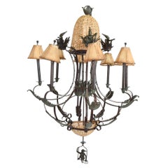 Maitland Smith Swinging MONKEY Chandelier Bronze Woven Cane Multi Shades 1980s