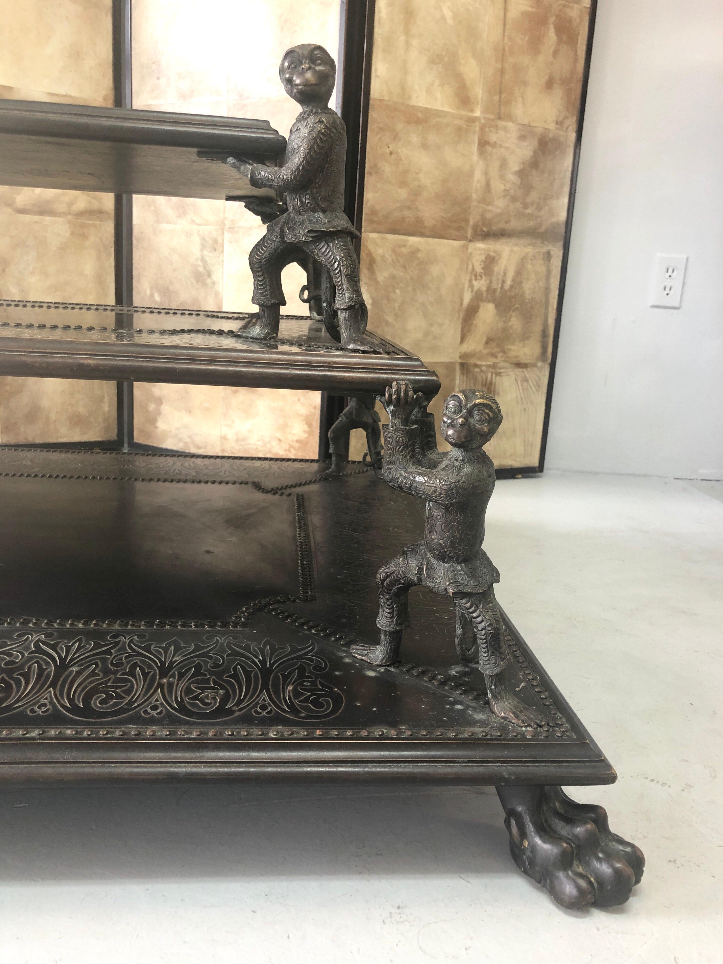 Maitland Smith Fantastic 3-Tier Bronze Coffee Table with Monkeys and Lion Feet 6