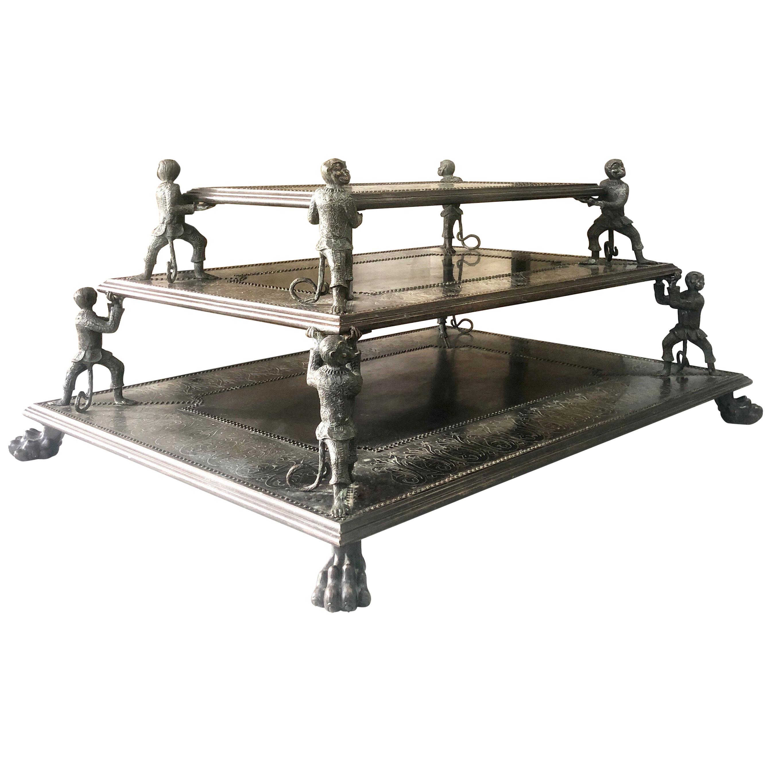 Maitland Smith Fantastic 3-Tier Bronze Coffee Table with Monkeys and Lion Feet