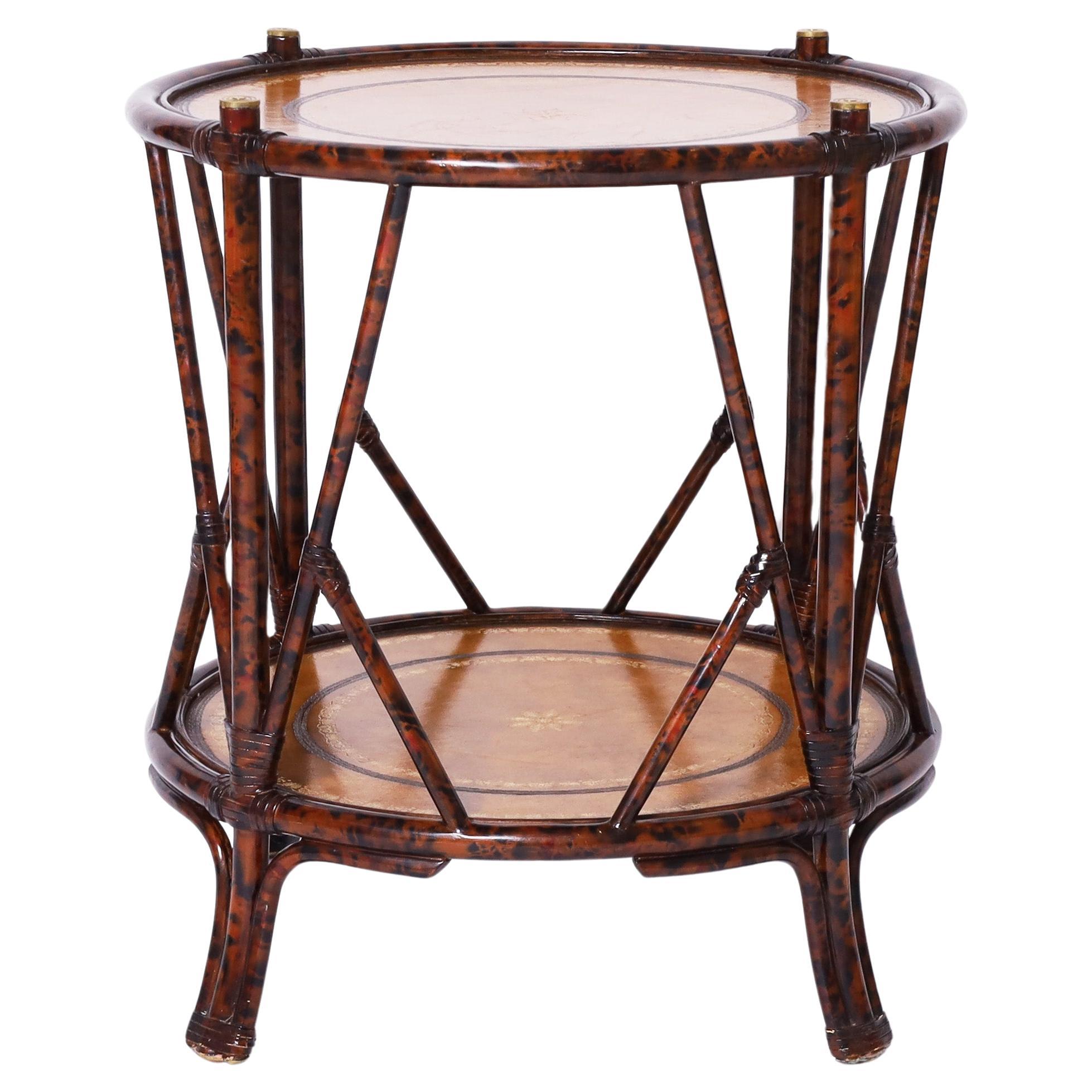 Maitland-Smith Faux Bamboo British Colonial Style Lederplatte Beistelltisch