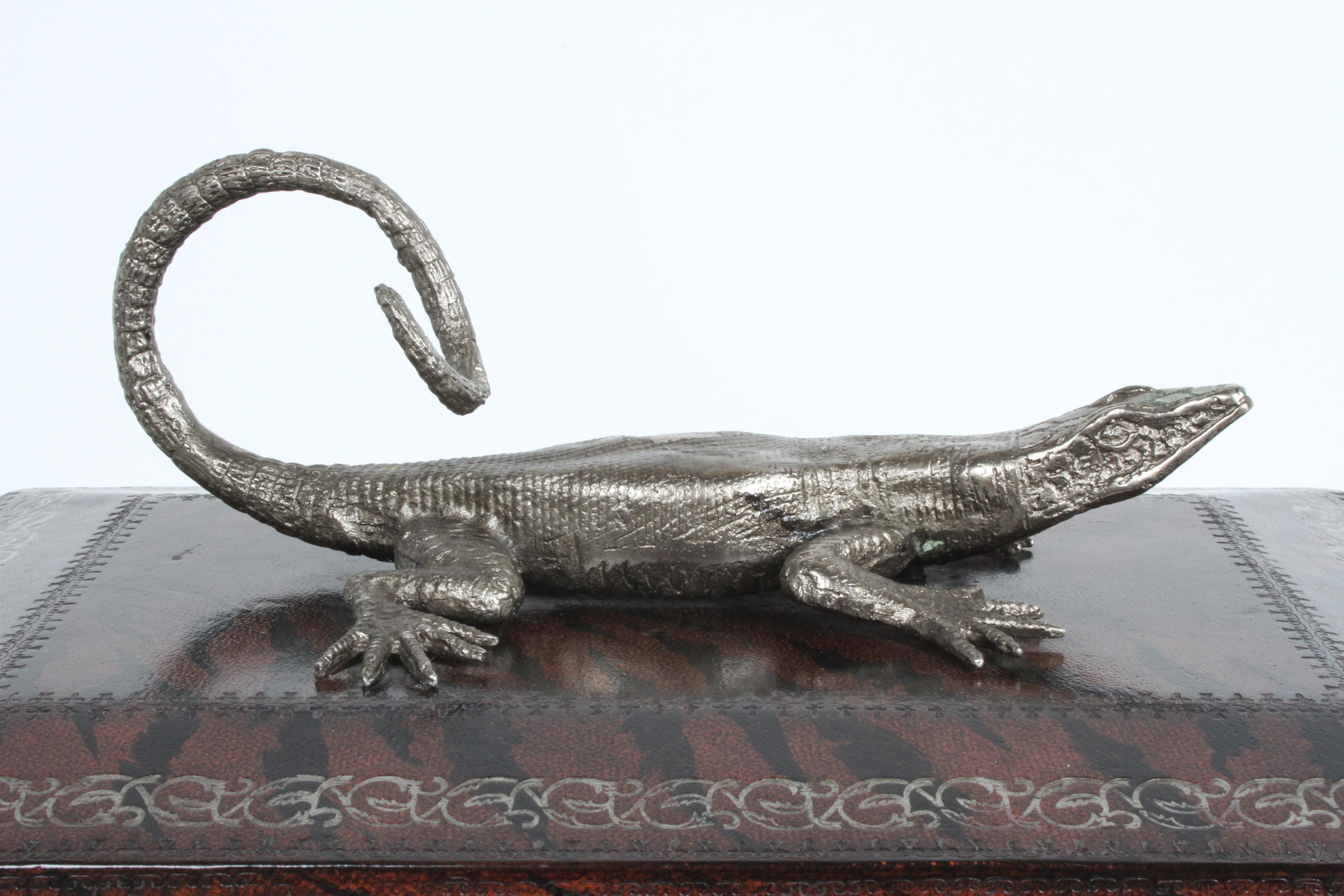 Maitland-Smith Faux Skin Leather Wrapped Box with Silver Tone Metal Lizard 3