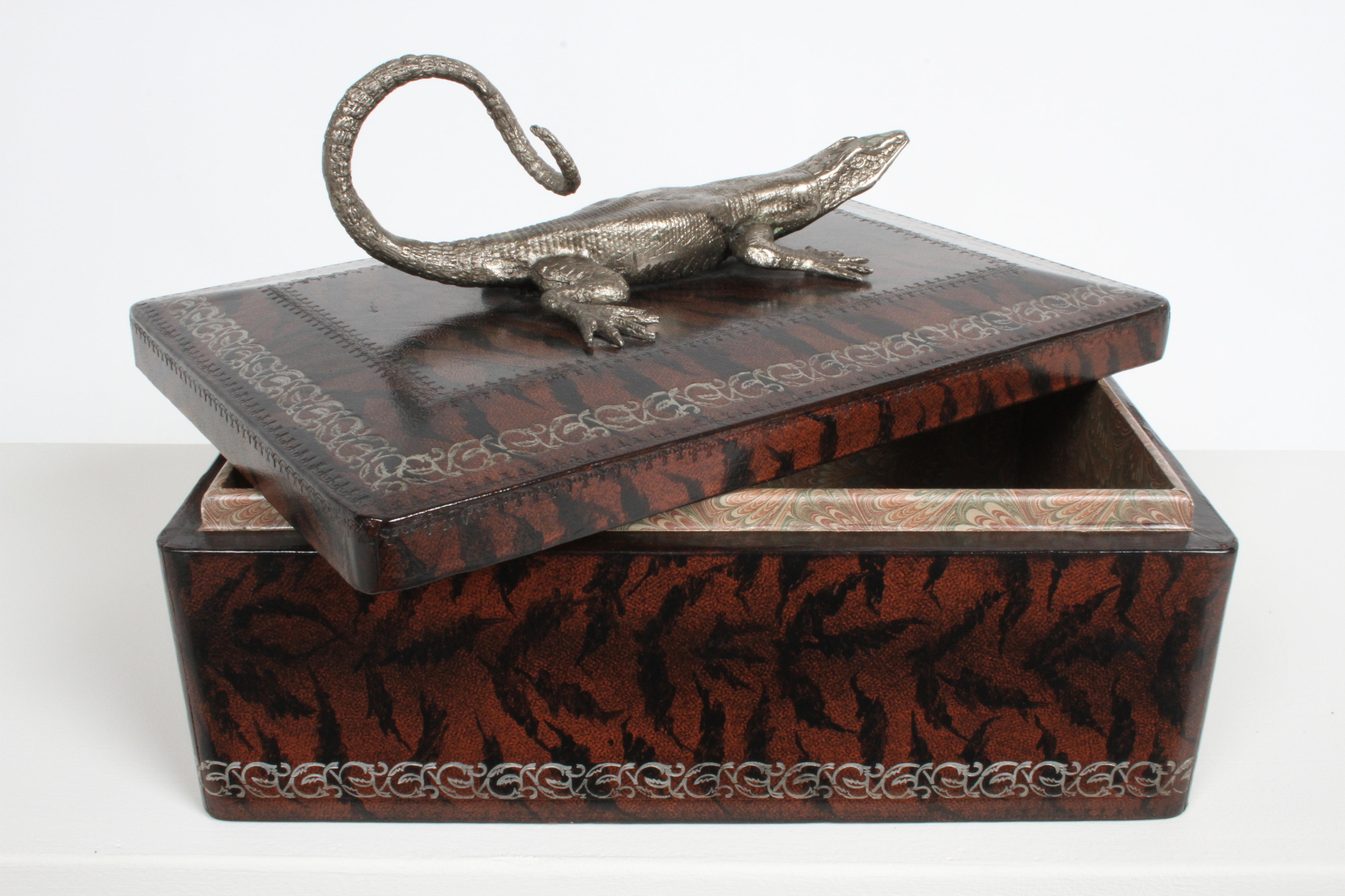 Maitland-Smith Faux Skin Leather Wrapped Box with Silver Tone Metal Lizard 5