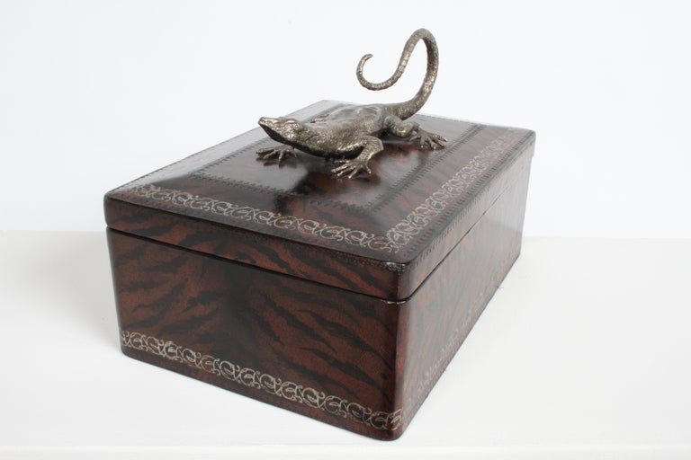 Hollywood Regency Maitland-Smith Faux Skin Leather Wrapped Box with Silver Tone Metal Lizard For Sale