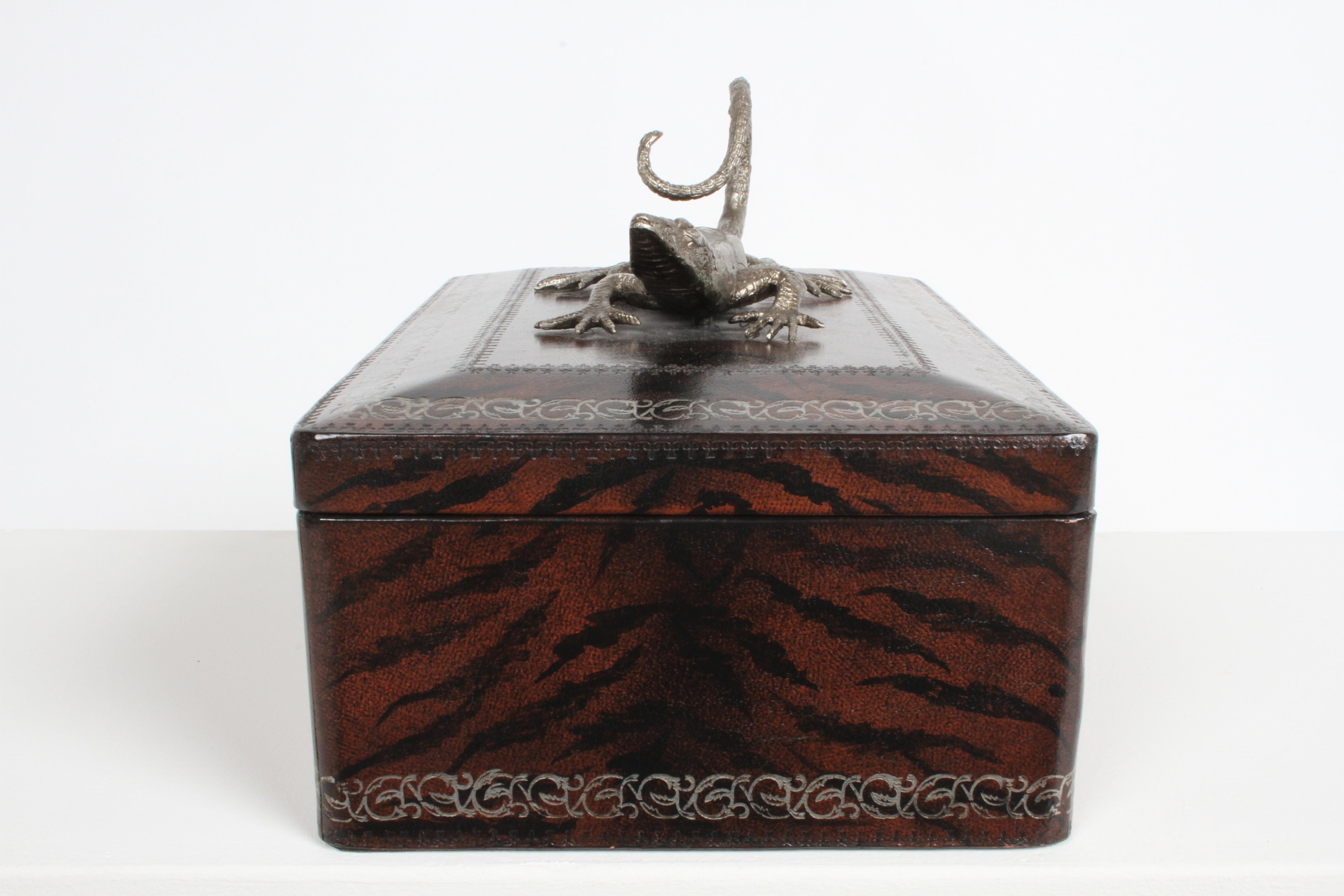 Hollywood Regency Maitland-Smith Faux Skin Leather Wrapped Box with Silver Tone Metal Lizard