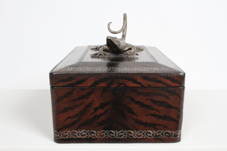 Philippine Maitland-Smith Faux Skin Leather Wrapped Box with Silver Tone Metal Lizard For Sale