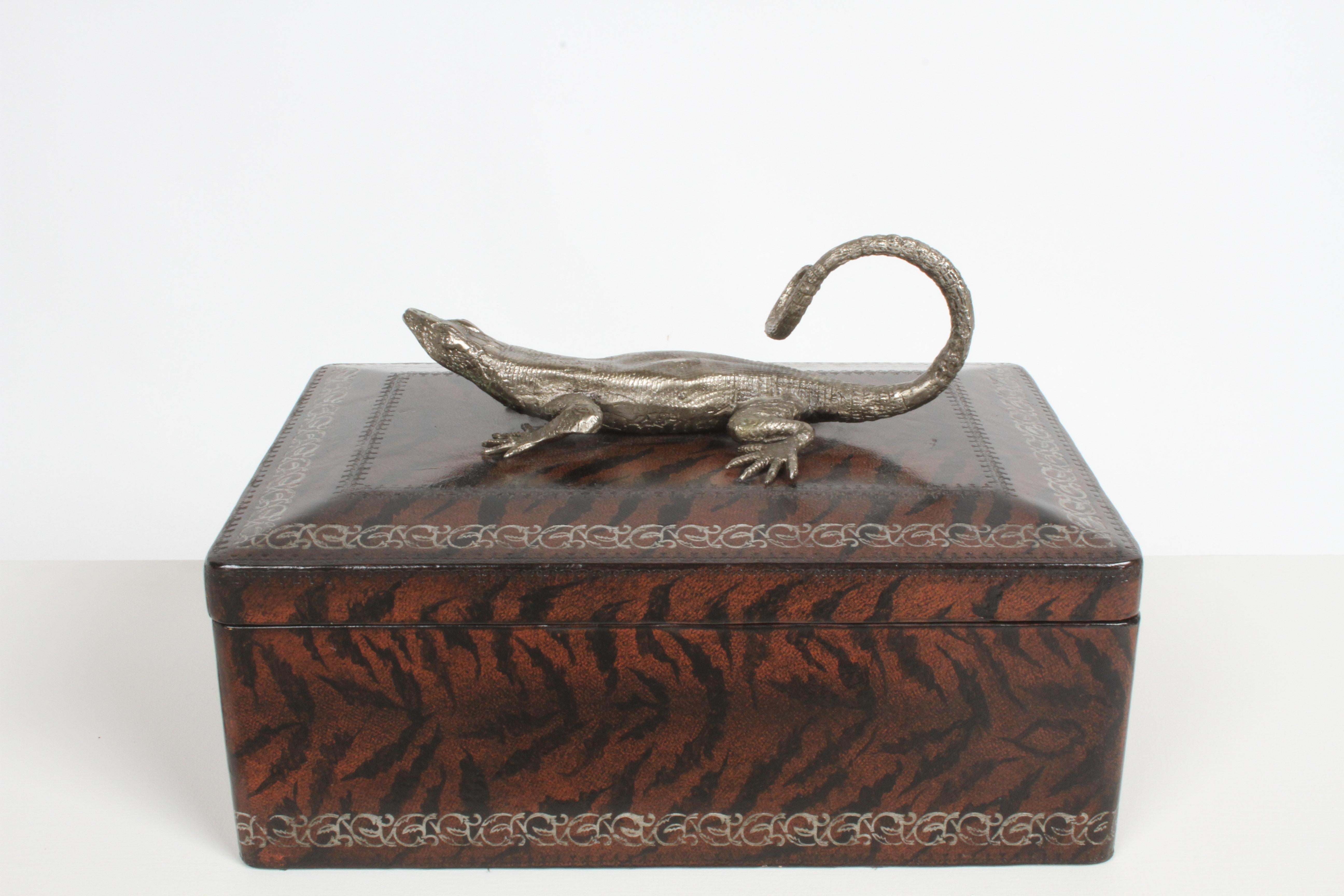 Philippine Maitland-Smith Faux Skin Leather Wrapped Box with Silver Tone Metal Lizard