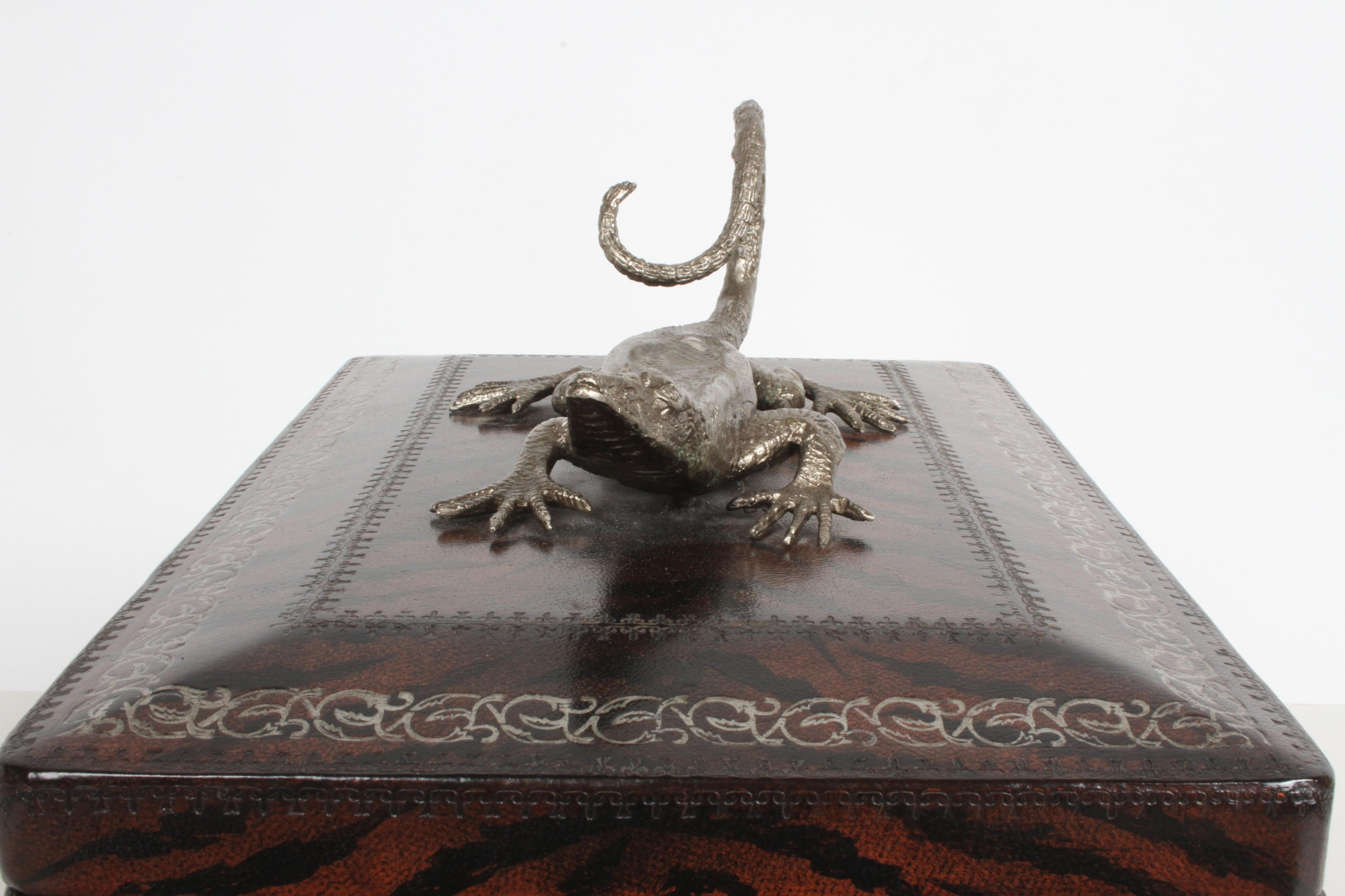 Late 20th Century Maitland-Smith Faux Skin Leather Wrapped Box with Silver Tone Metal Lizard