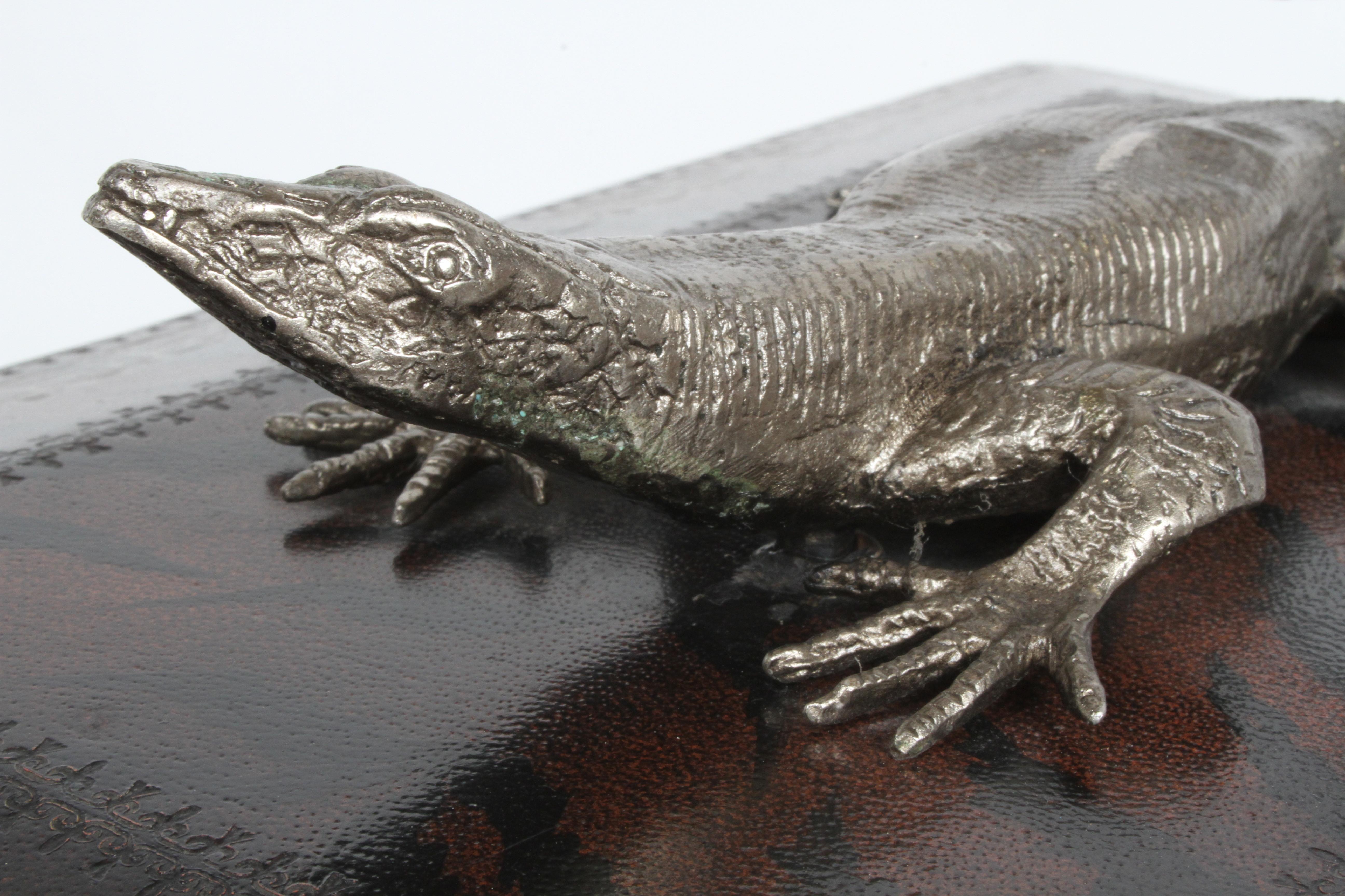 Maitland-Smith Faux Skin Leather Wrapped Box with Silver Tone Metal Lizard 1