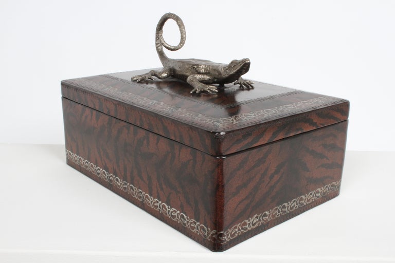 Maitland-Smith Faux Skin Leather Wrapped Box with Silver Tone Metal Lizard For Sale 3