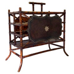 Vintage Maitland-Smith Faux Tortoise & Tooled Leather Bamboo Canterbury Magazine Rack