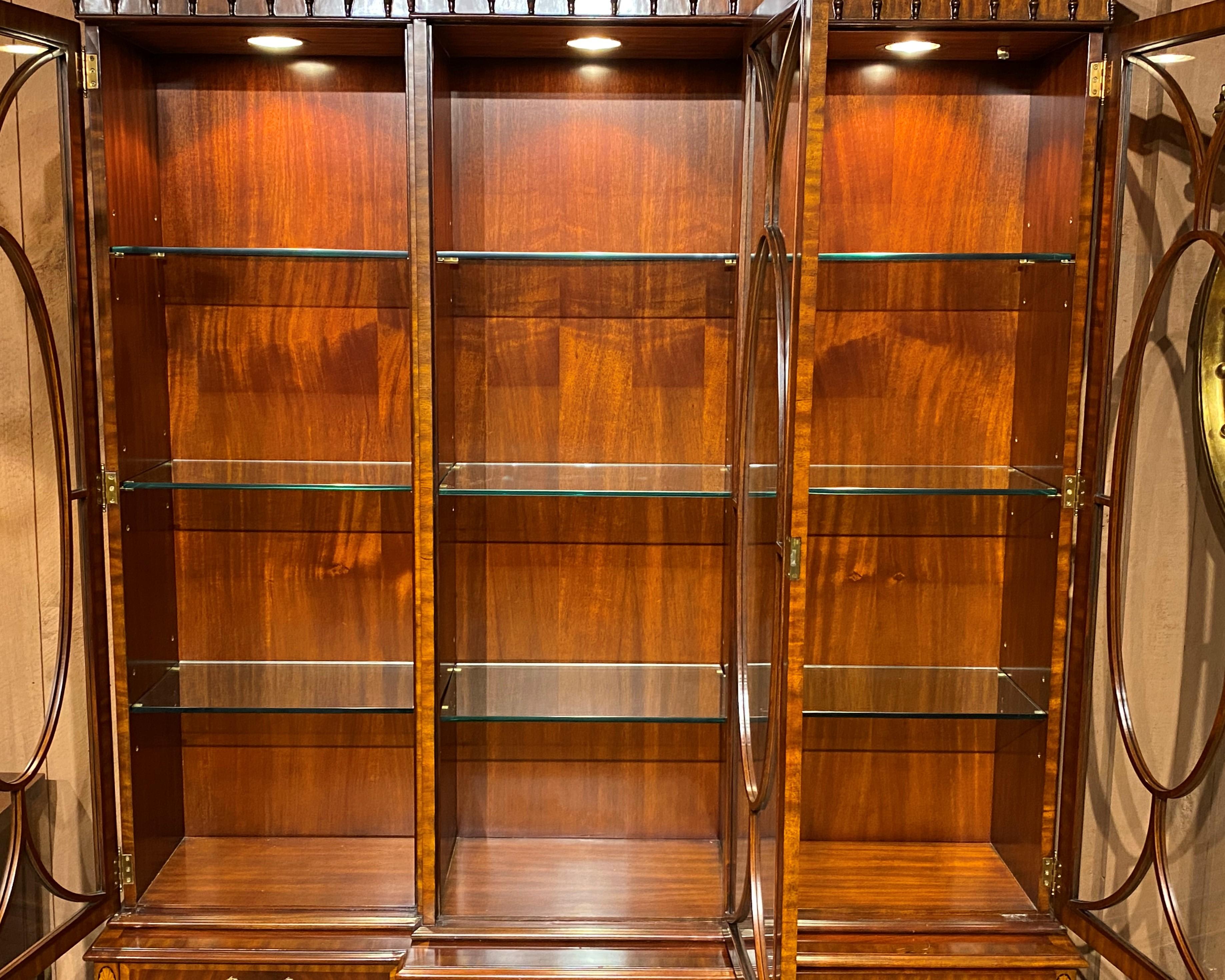 American Maitland-Smith Federal Style Mahogany Lighted Breakfront Bookcase/China Cabinet