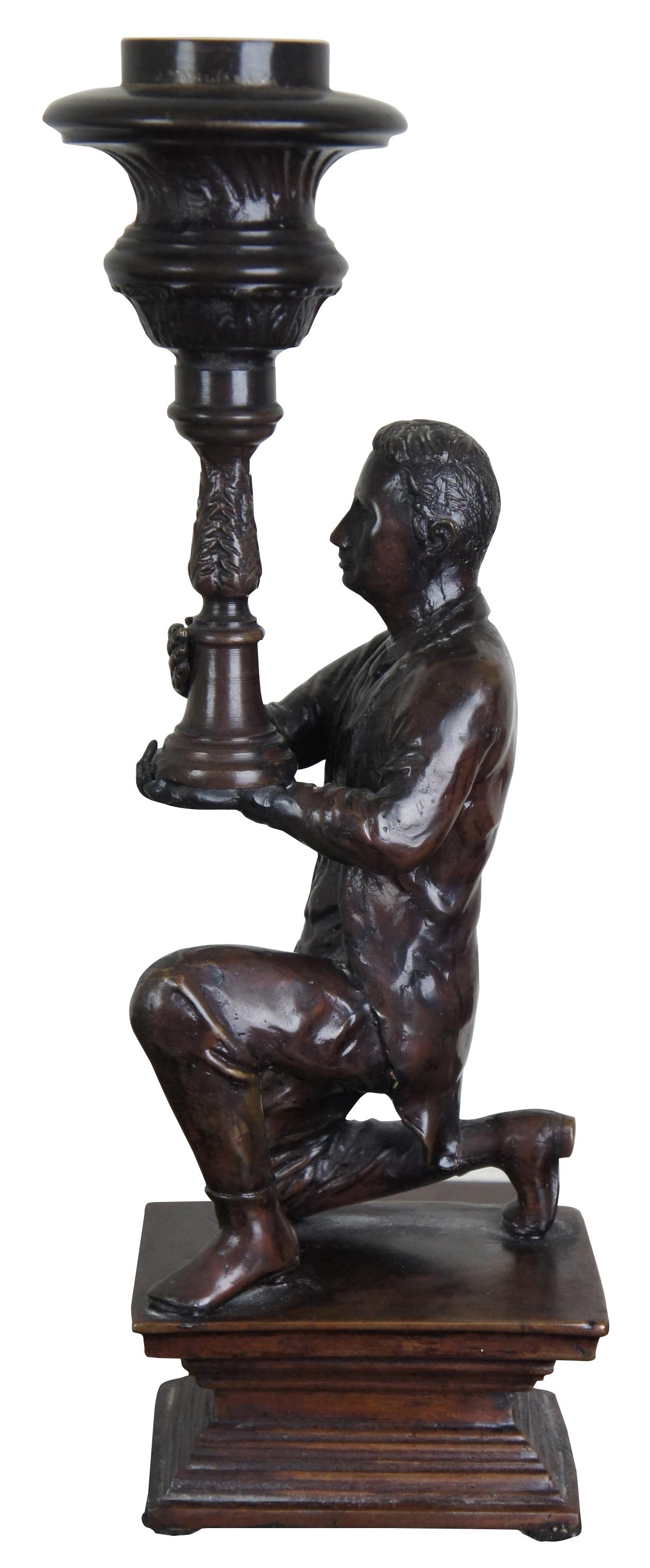 British Colonial Maitland Smith Figural Bronze Candleholder Colonial Man with Torch Statue