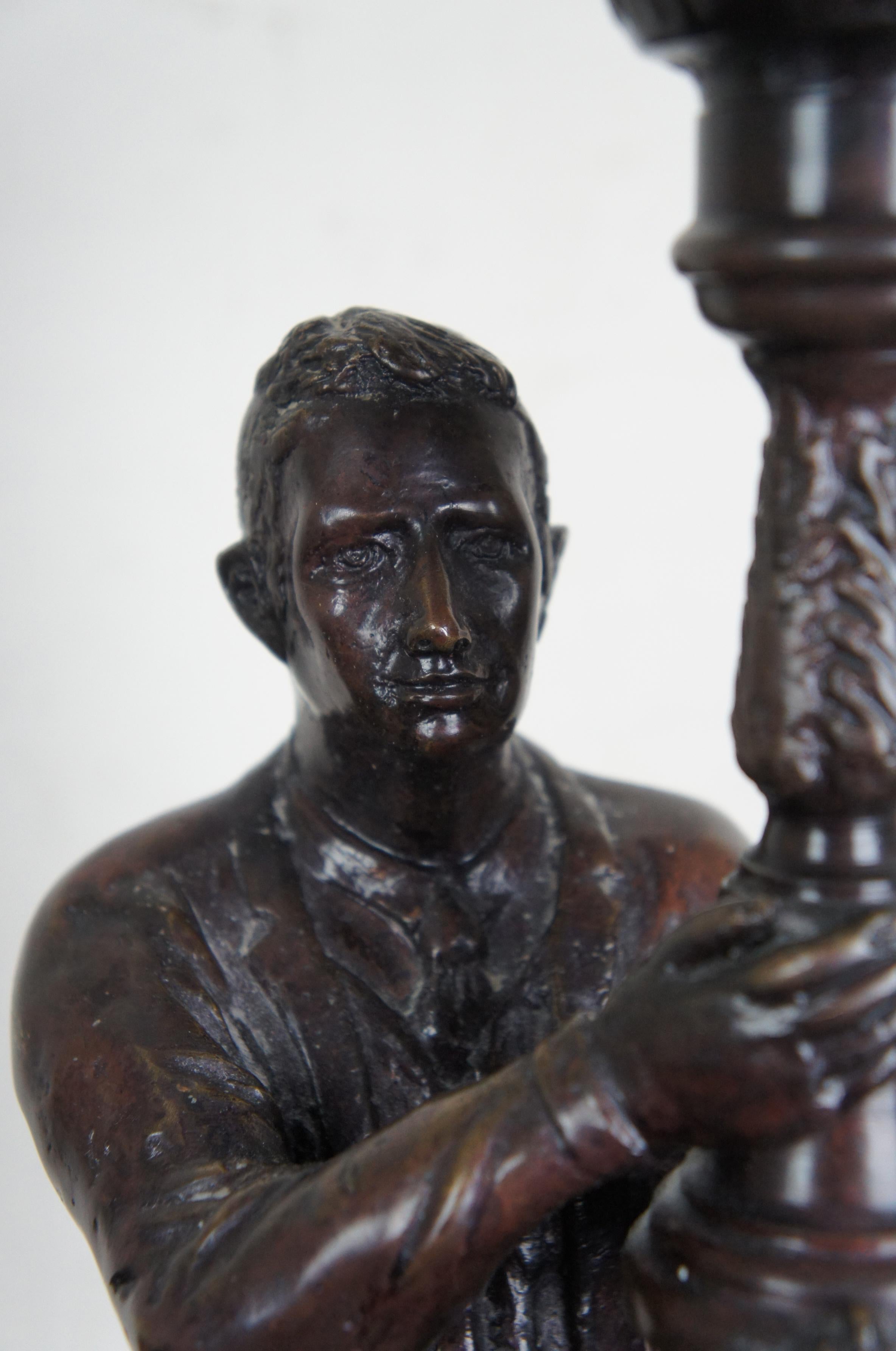 Maitland Smith Figural Bronze Candleholder Colonial Man with Torch Statue In Good Condition In Dayton, OH