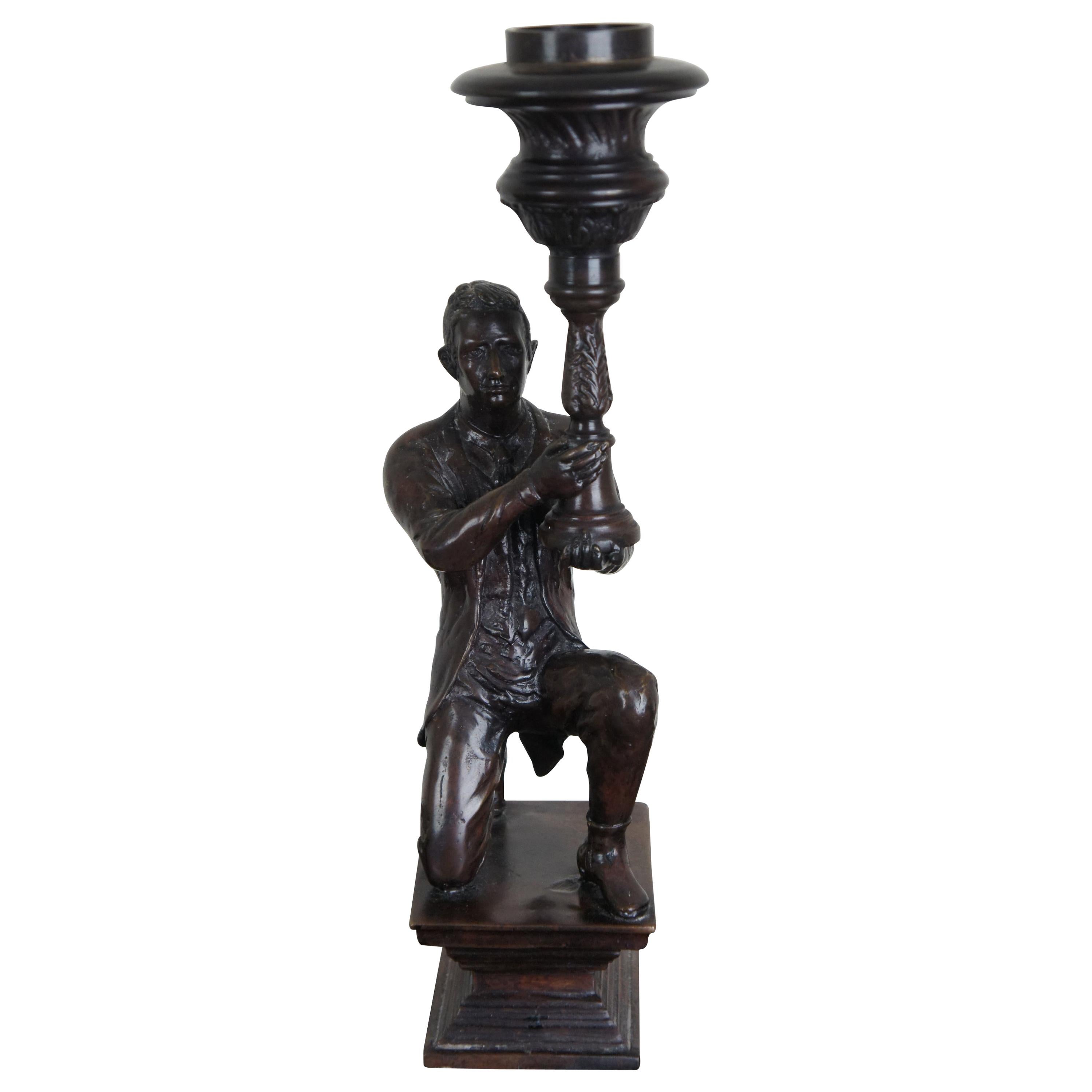 Maitland Smith Figural Bronze Candleholder Colonial Man with Torch Statue