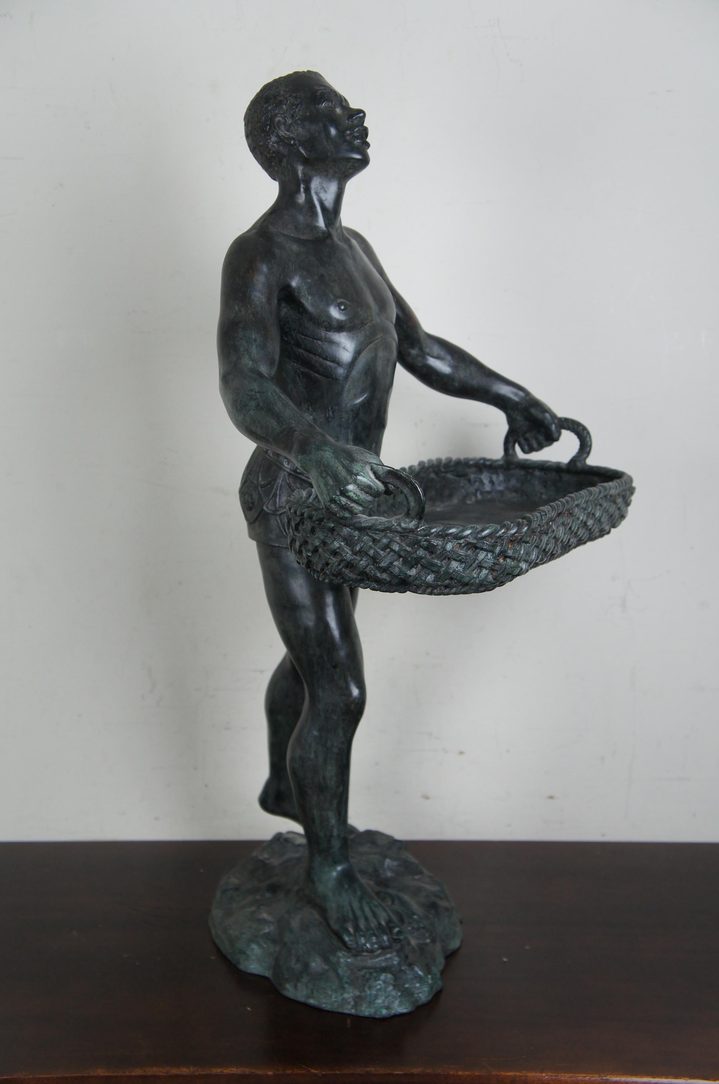 Maitland Smith Figural Bronze Dumbwaiter Sculpture African Man Tray Stand Statue 1