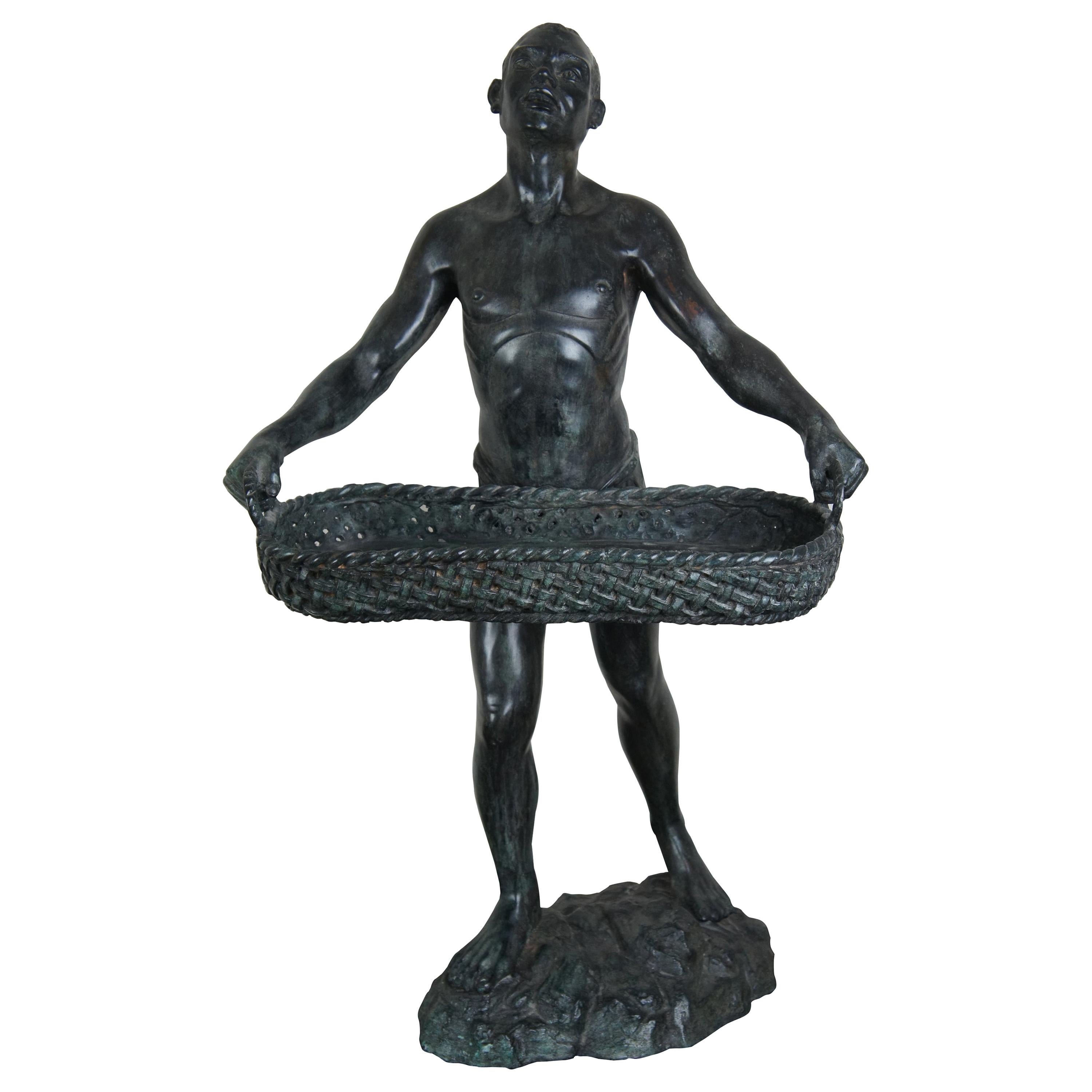 Maitland Smith Figural Bronze Dumbwaiter Sculpture African Man Tray Stand Statue