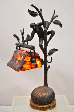 Maitland Smith Figural Bronze Monkey Desk Table Lamp Adjustable Pen Shell Shade