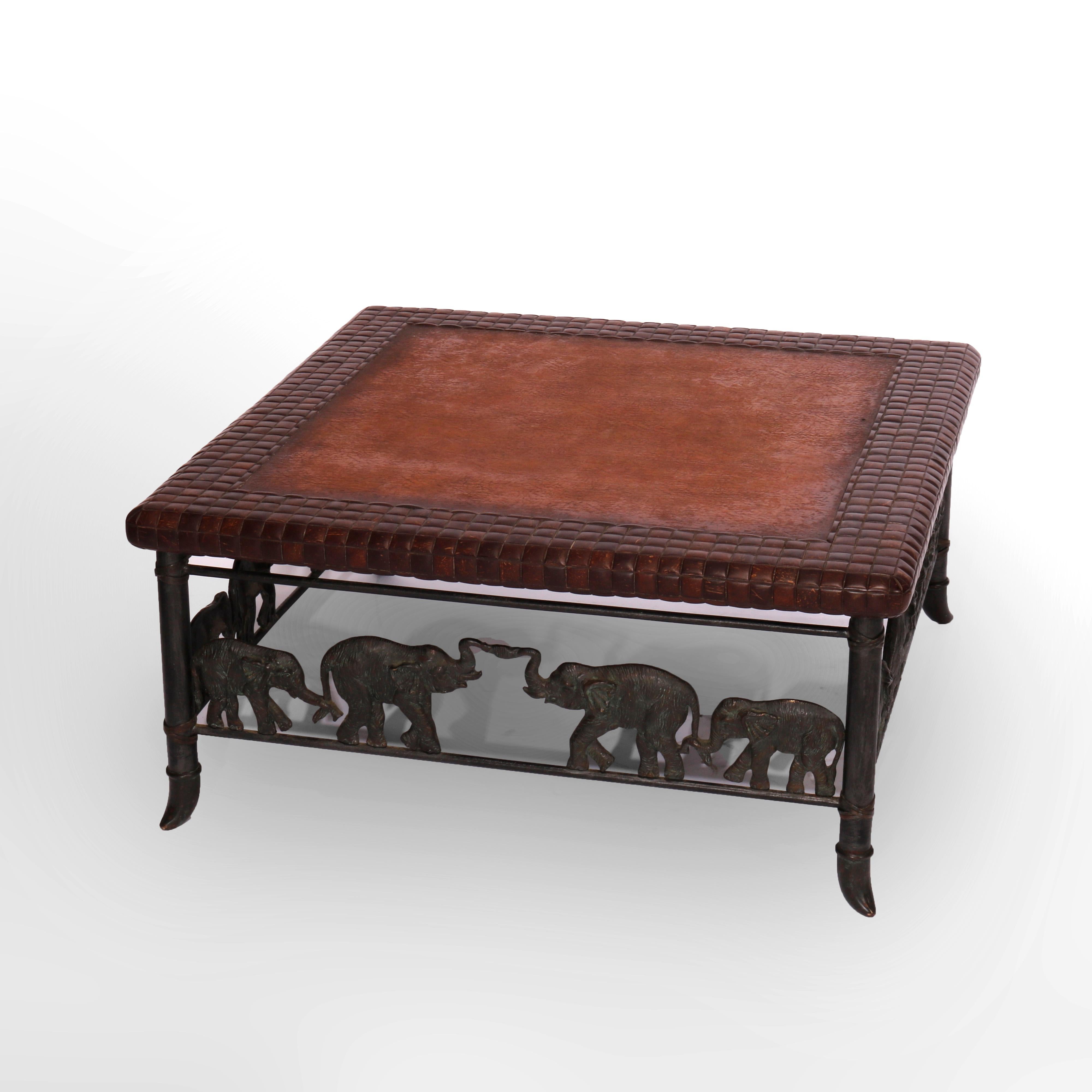 Maitland Smith Figural Elephant Bronze & Leather Coffee Table, 20th C In Good Condition In Big Flats, NY