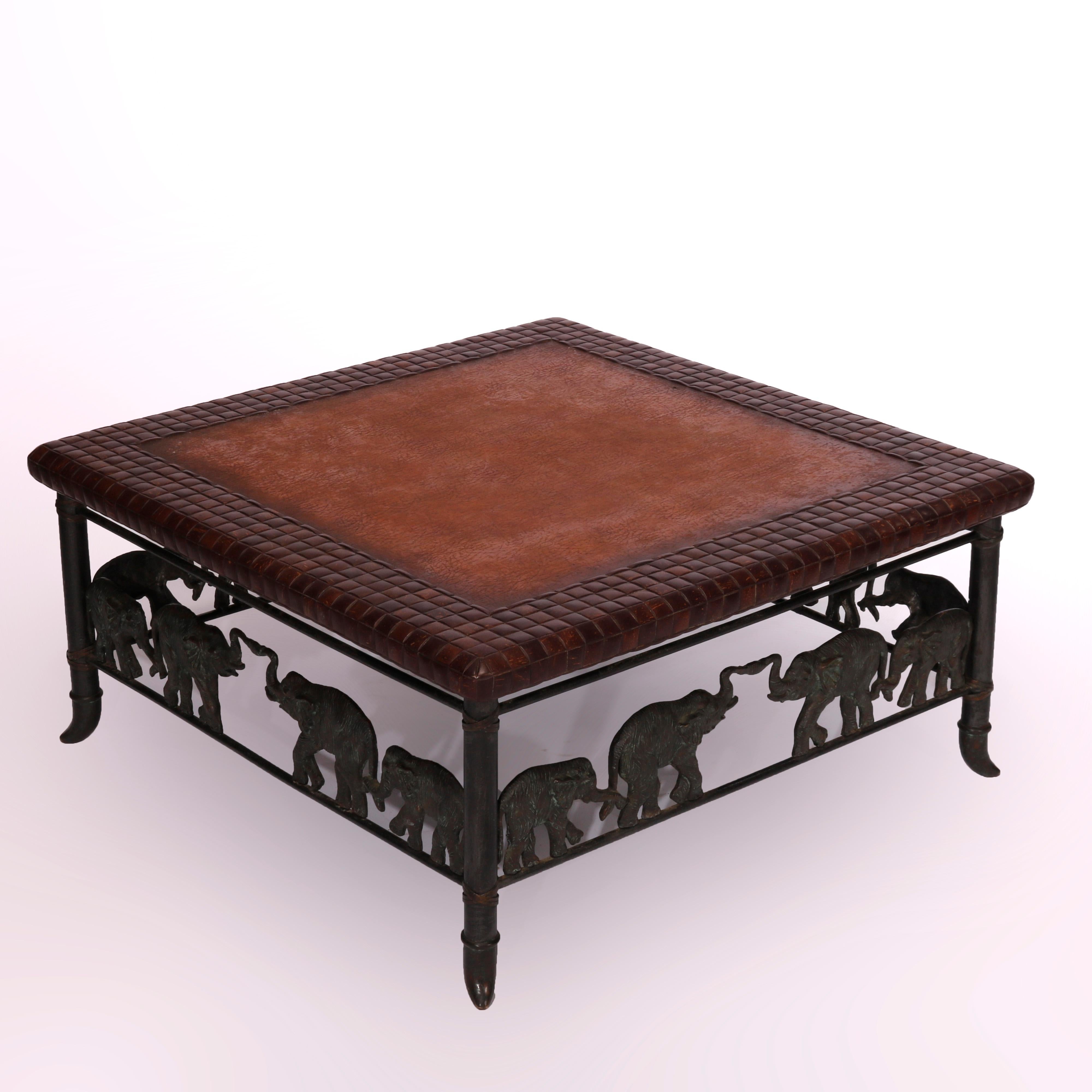 20th Century Maitland Smith Figural Elephant Bronze & Leather Coffee Table, 20th C