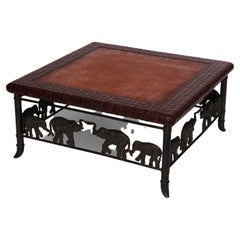 Vintage Maitland Smith Figural Elephant Bronze & Leather Coffee Table, 20th C