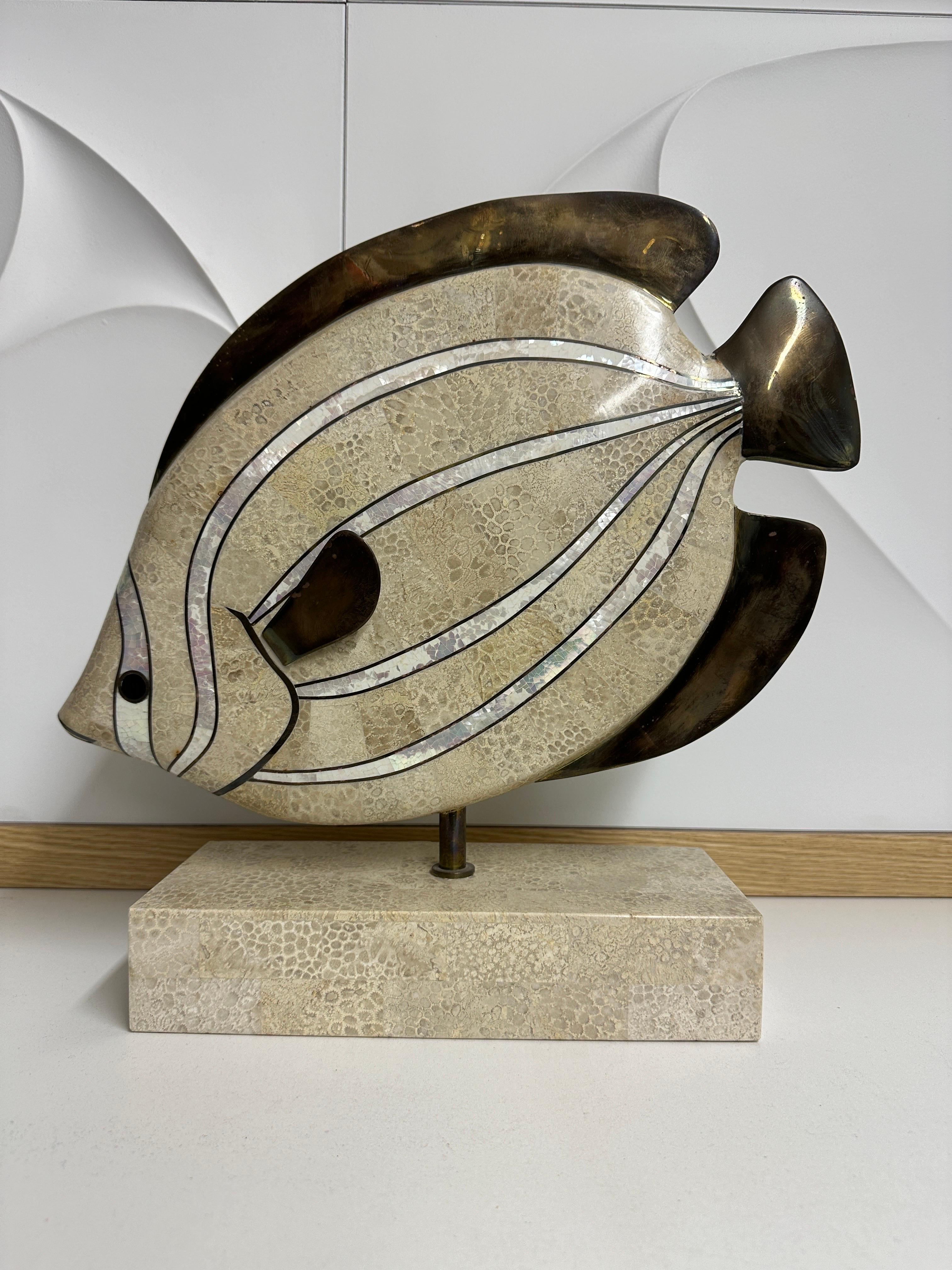 Maitland Smith tessellated fossil coral  tropical fish sculpture bookend with brass and mother of pearl details.