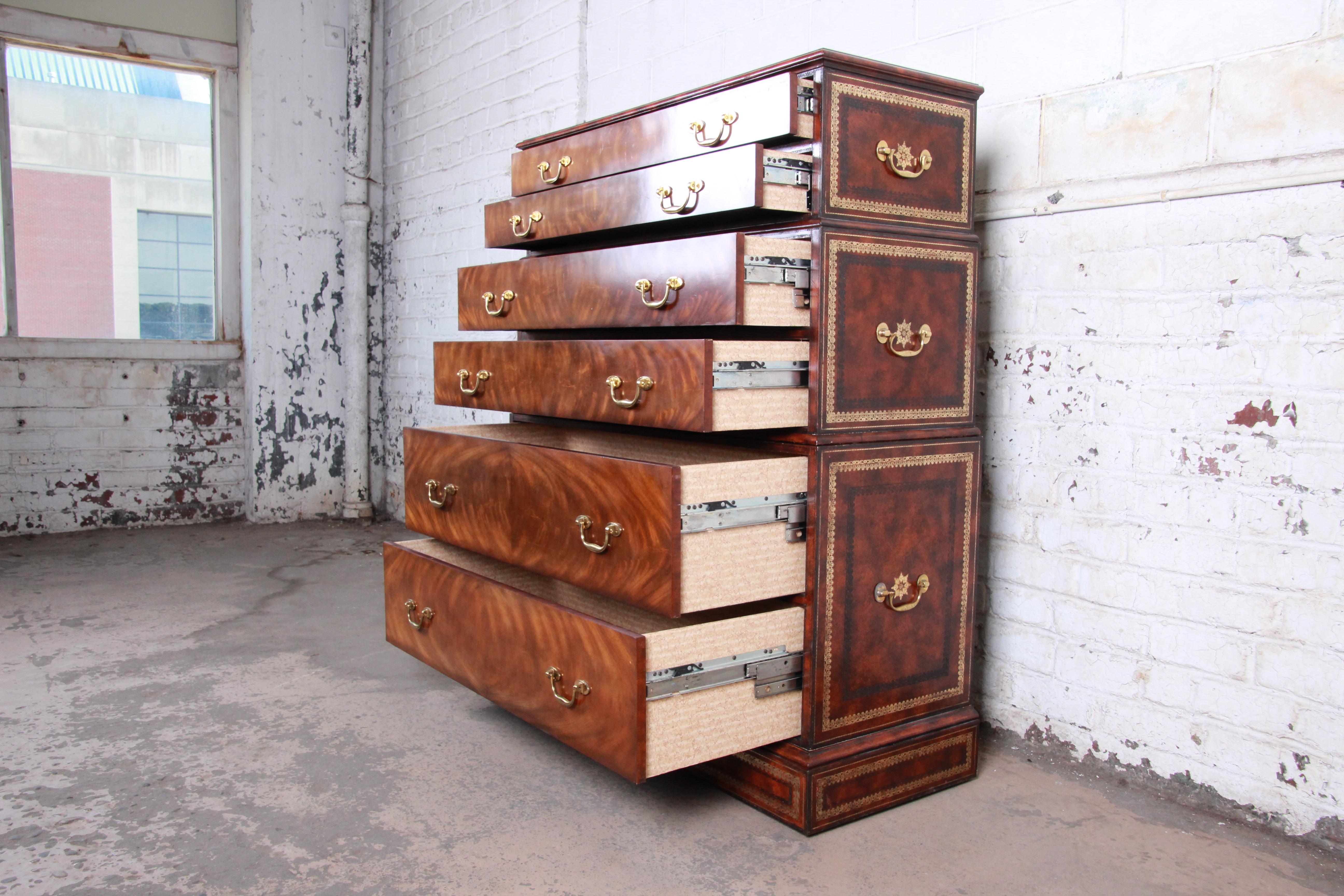 Maitland Smith Flame Mahogany and Leather Chest on Chest Highboy Dresser 2