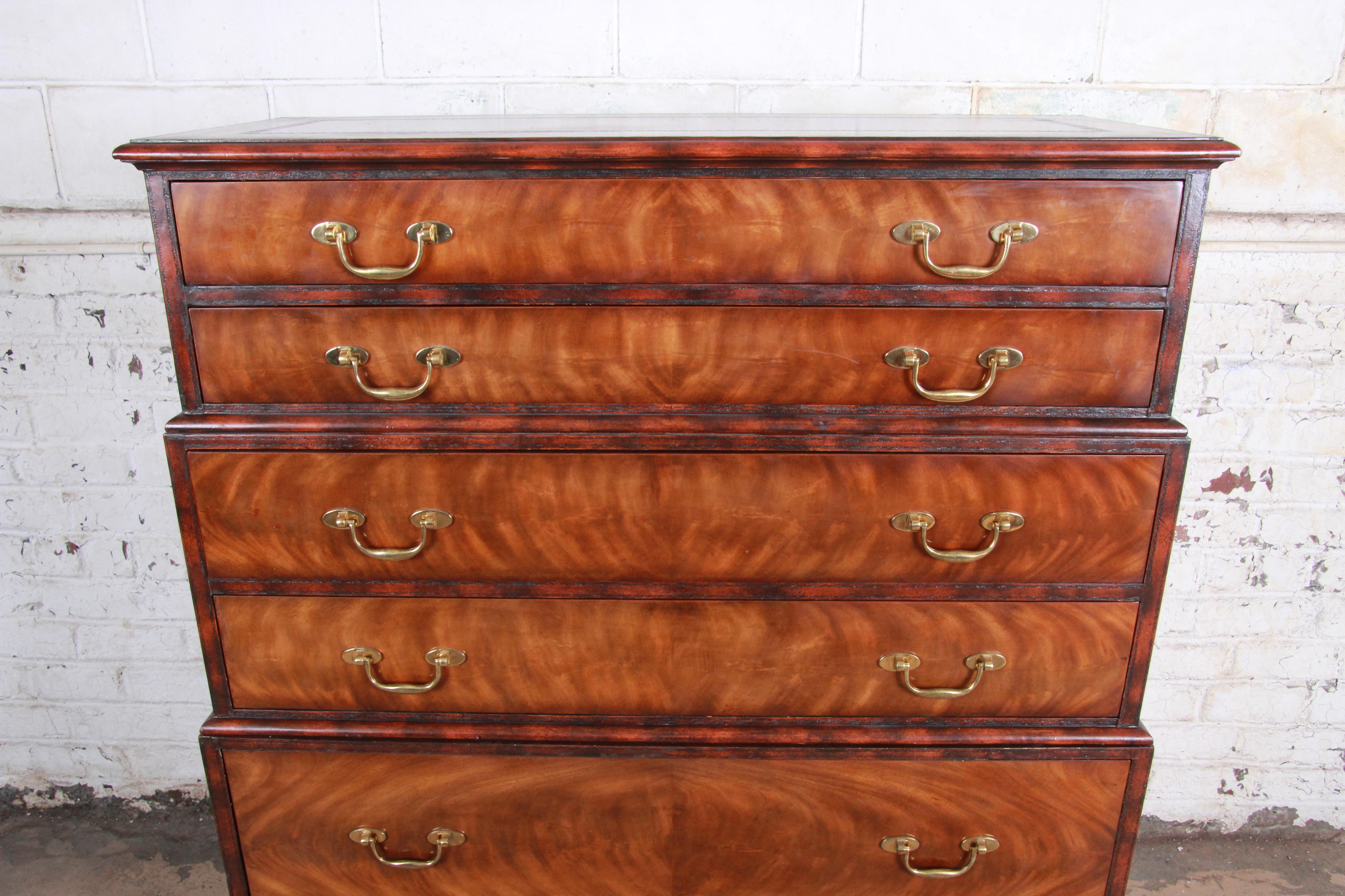 Philippine Maitland Smith Flame Mahogany and Leather Chest on Chest Highboy Dresser