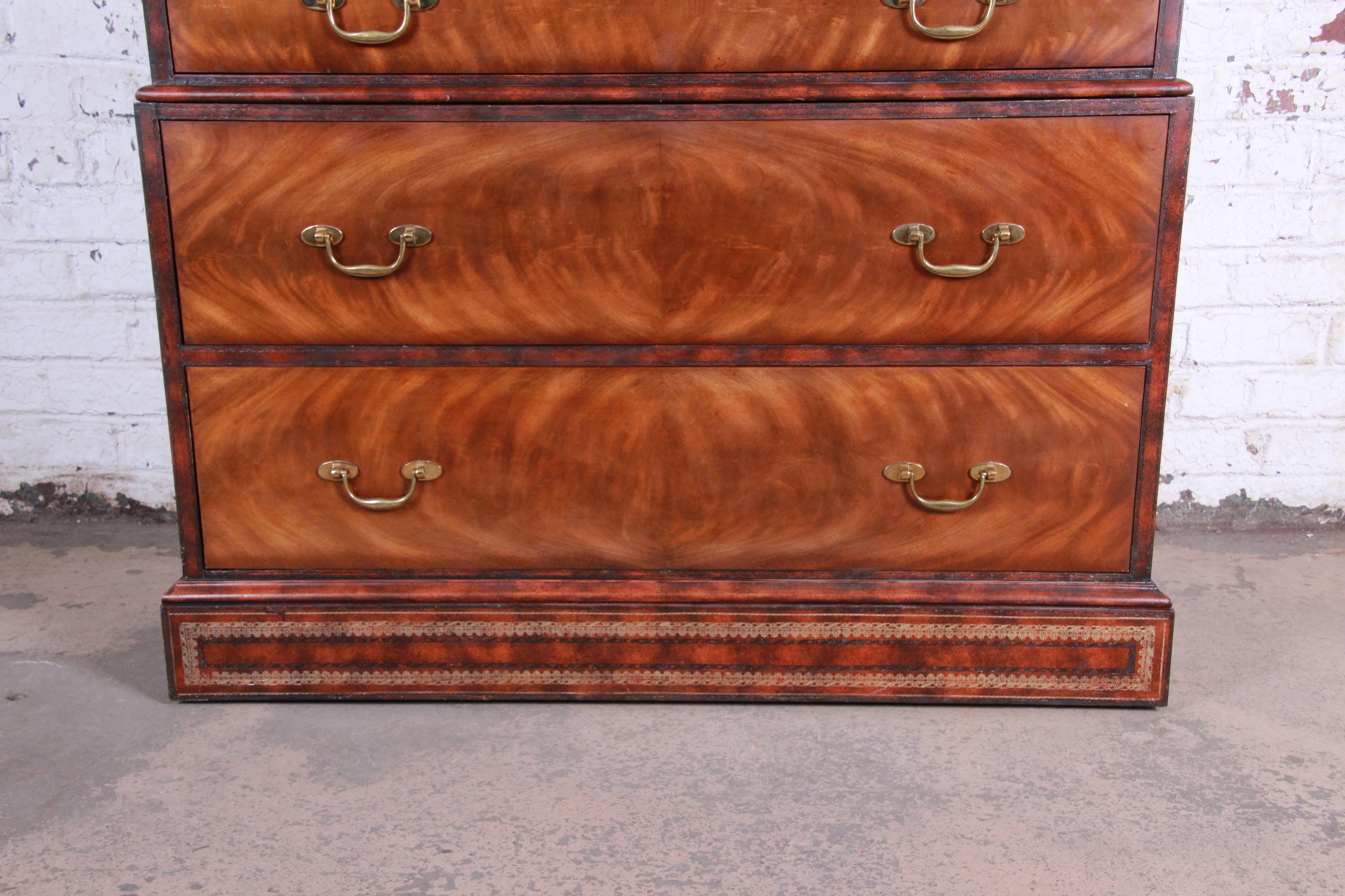 British Colonial Maitland Smith Flame Mahogany and Leather Chest on Chest Highboy Dresser