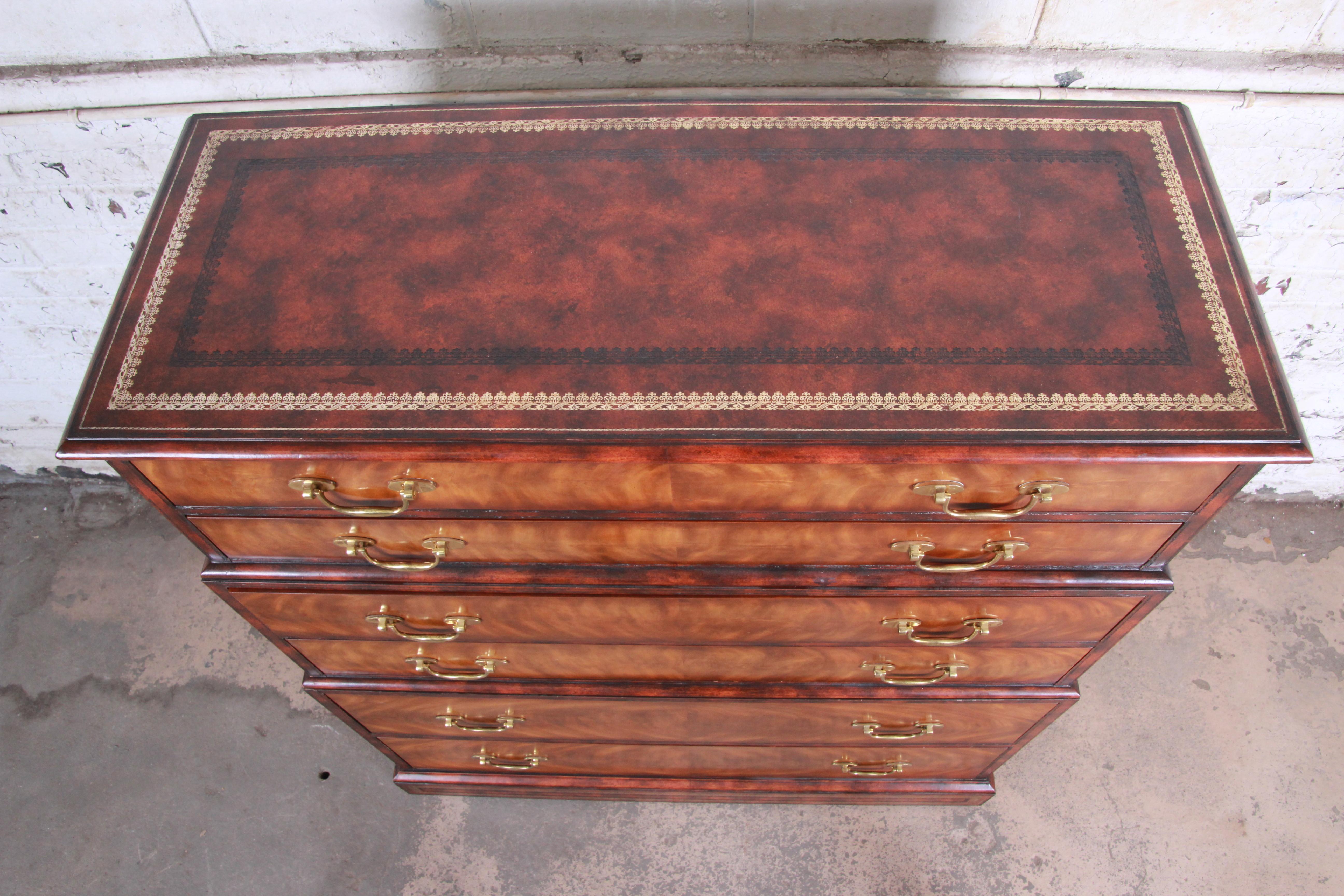 20th Century Maitland Smith Flame Mahogany and Leather Chest on Chest Highboy Dresser