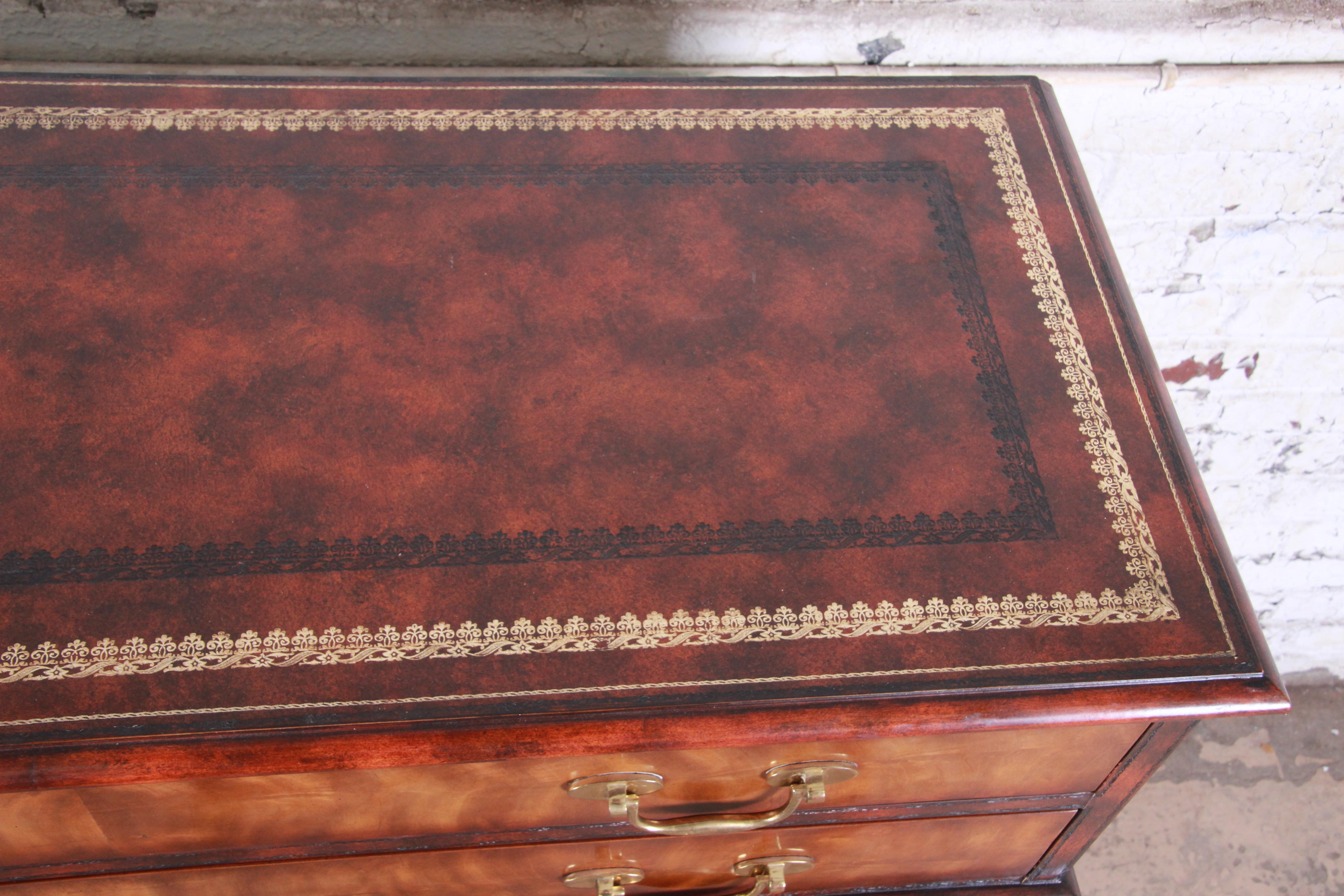 Brass Maitland Smith Flame Mahogany and Leather Chest on Chest Highboy Dresser