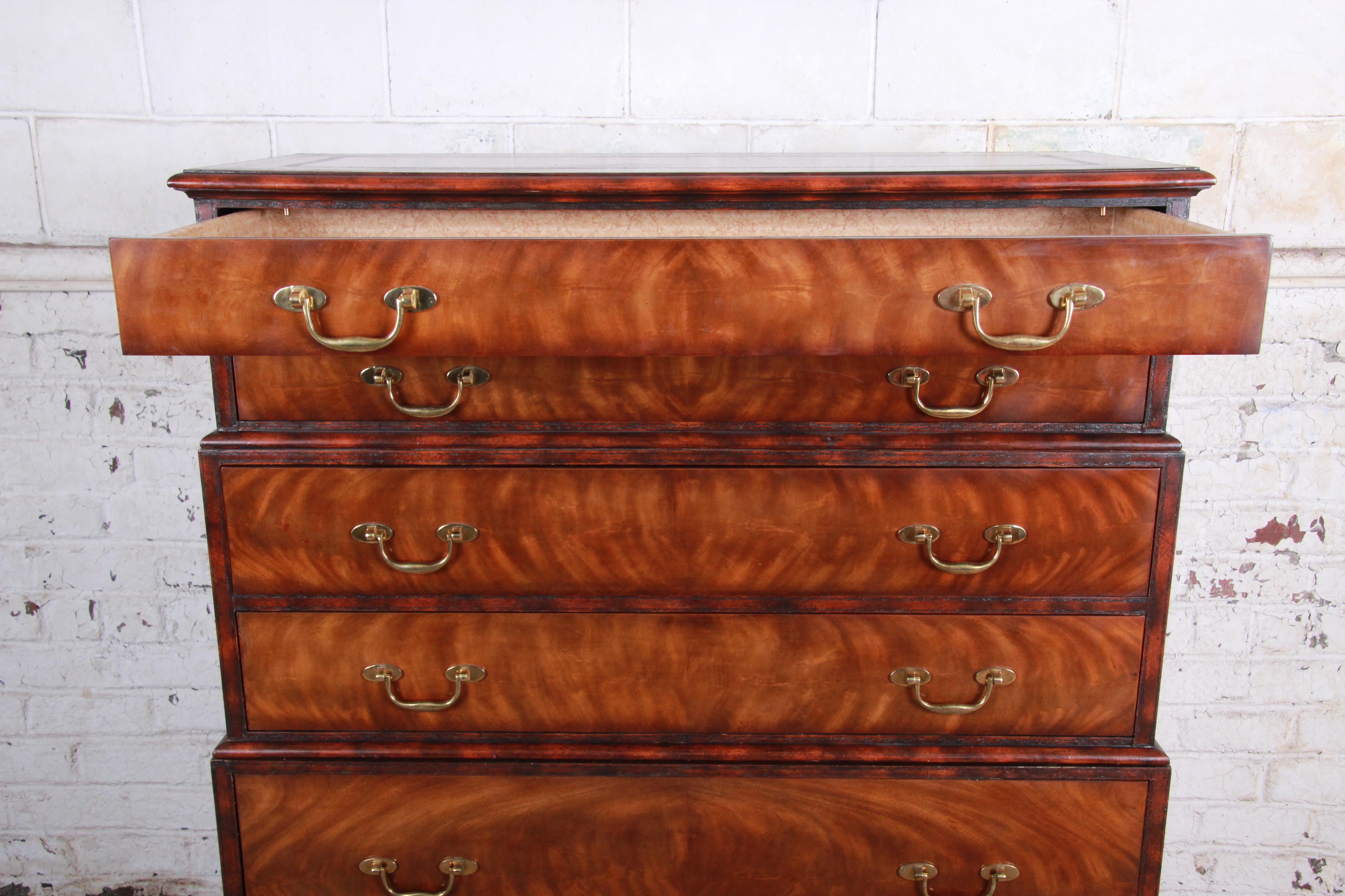 Maitland Smith Flame Mahogany and Leather Chest on Chest Highboy Dresser 2