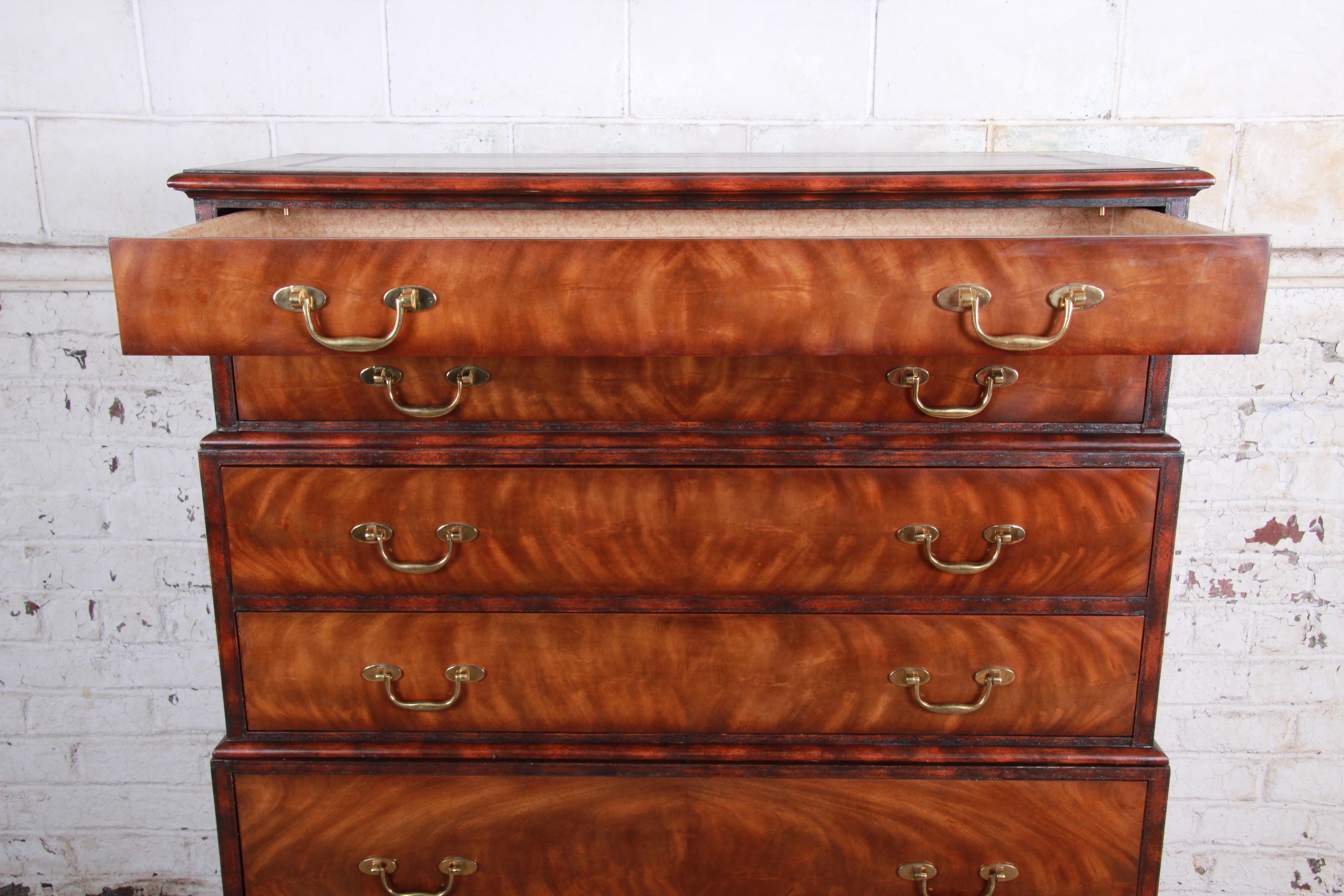 Brass Maitland Smith Flame Mahogany and Leather Chest on Chest Highboy Dresser