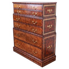Maitland Smith Flame Mahogany and Leather Chest on Chest Highboy Dresser