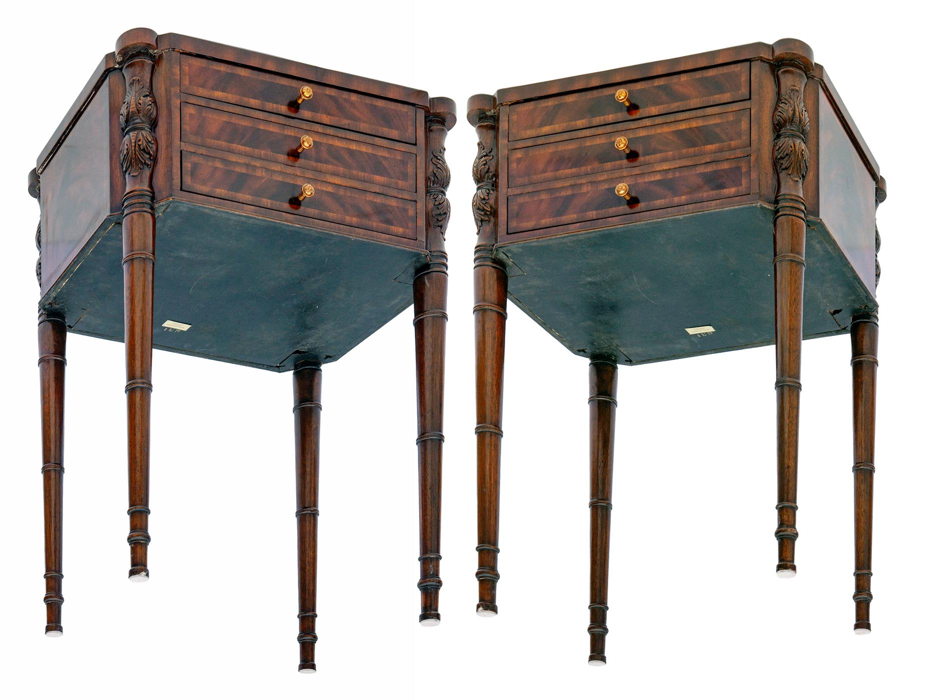 These exquisite pieces by Maitland Smith in the Regency style, are works of art. The rich flame mahogany tops, carved details & inlaid drawers with rose gold knobs are sure to add elegance at bedside or other room. They are in great vintage