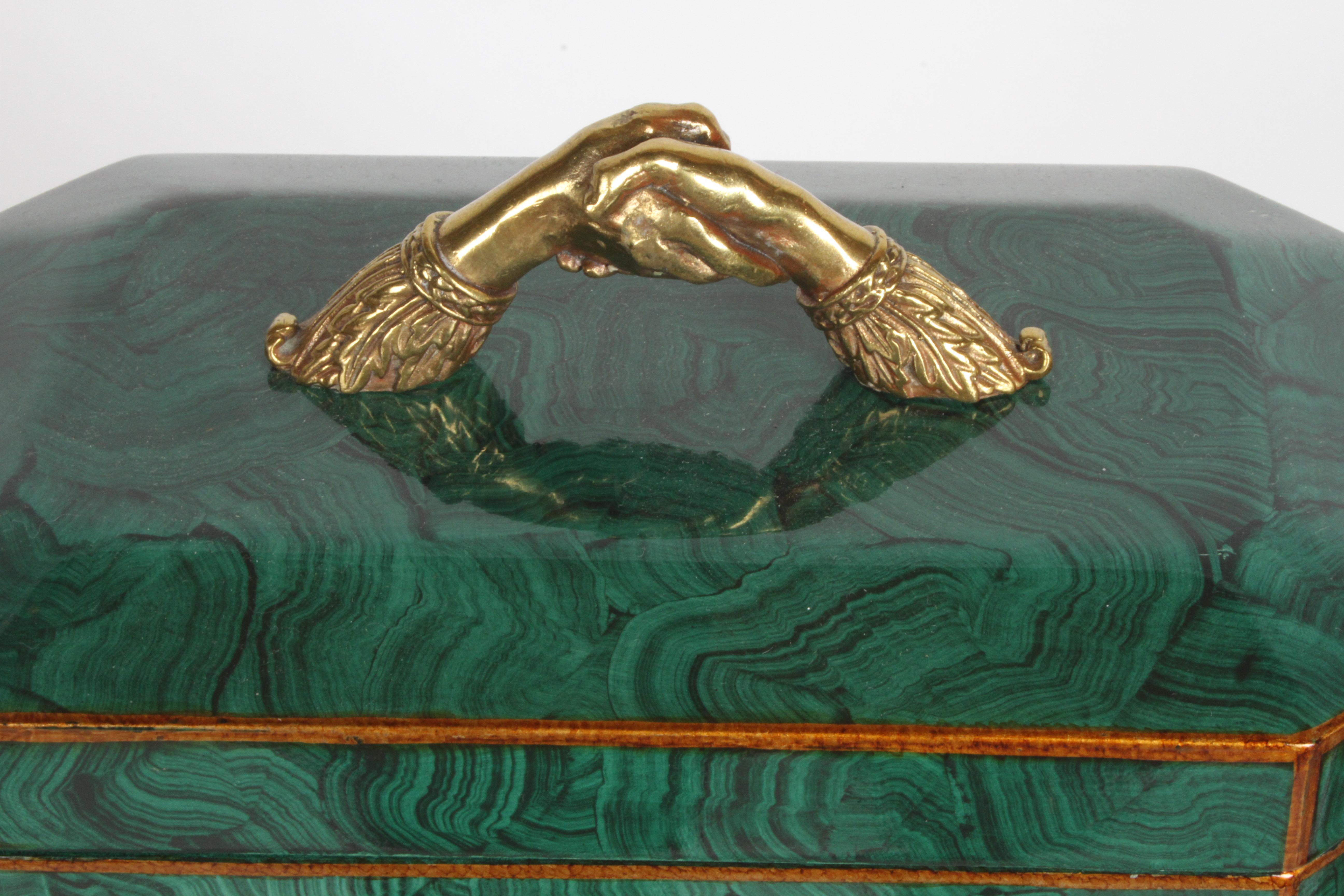 Maitland-Smith Fornasetti Style Faux Malachite Tole Box with Brass Hands & Feet 1