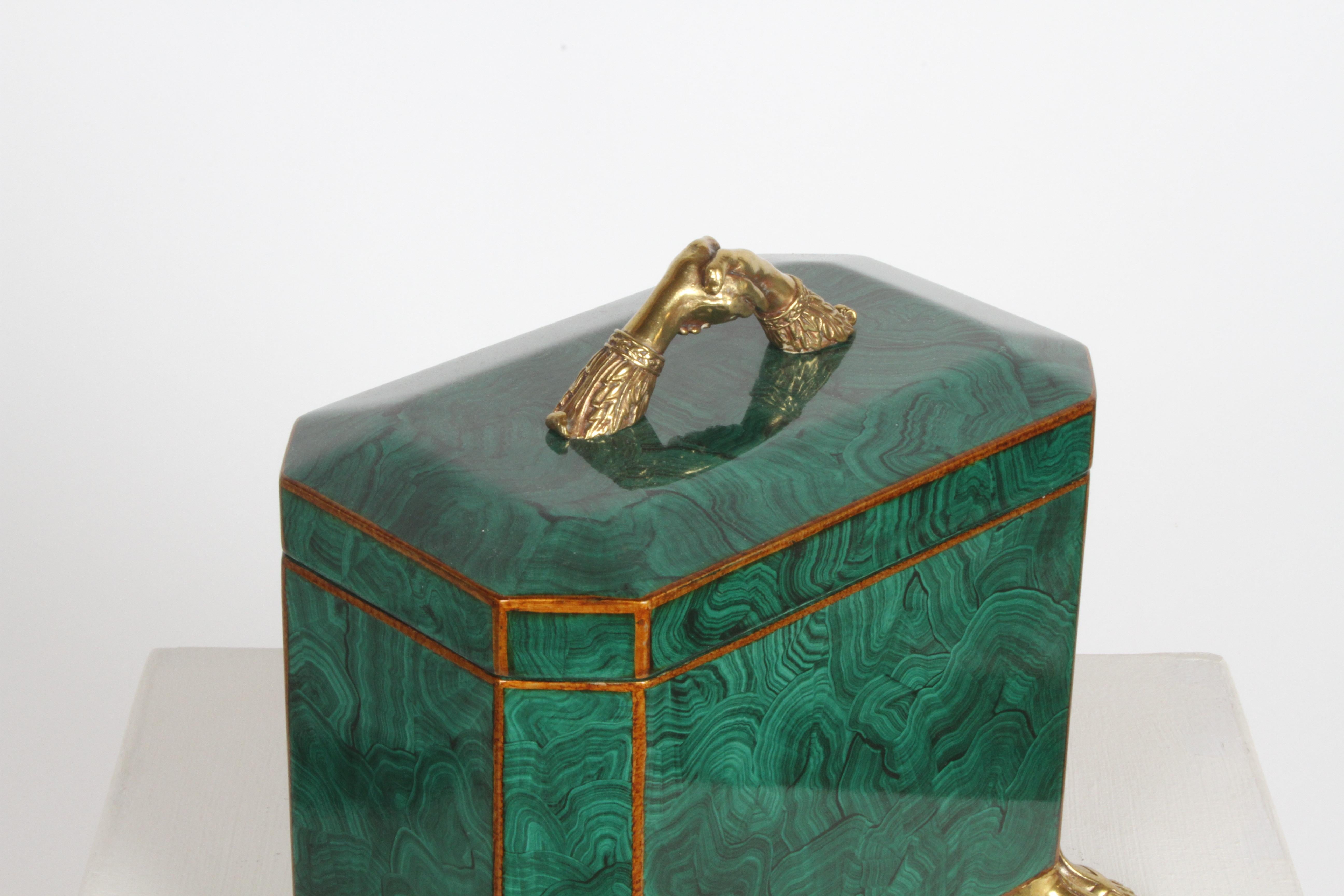 Maitland-Smith Fornasetti Style Faux Malachite Tole Box with Brass Hands & Feet 3