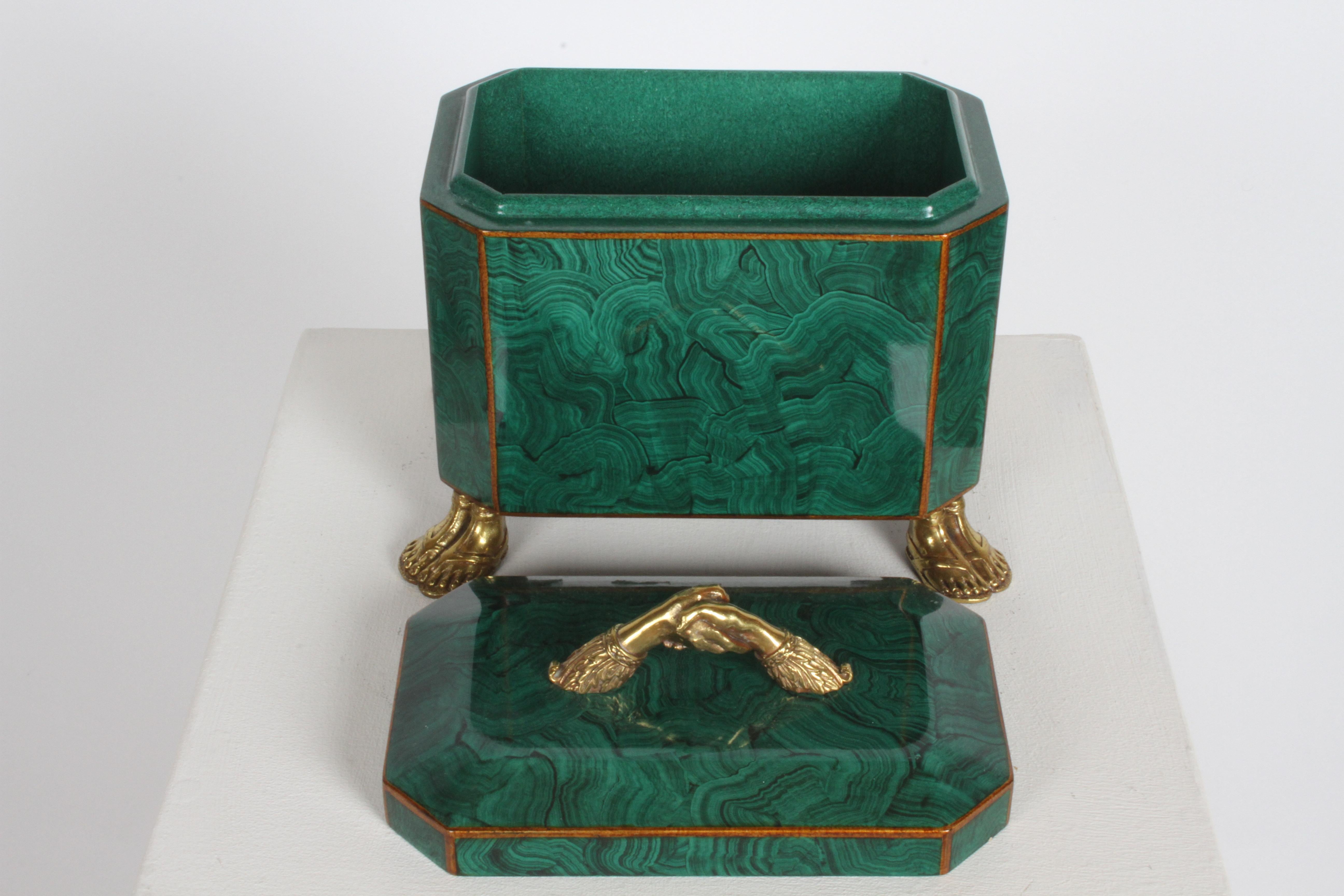 Maitland-Smith Fornasetti Style Faux Malachite Tole Box with Brass Hands & Feet 4