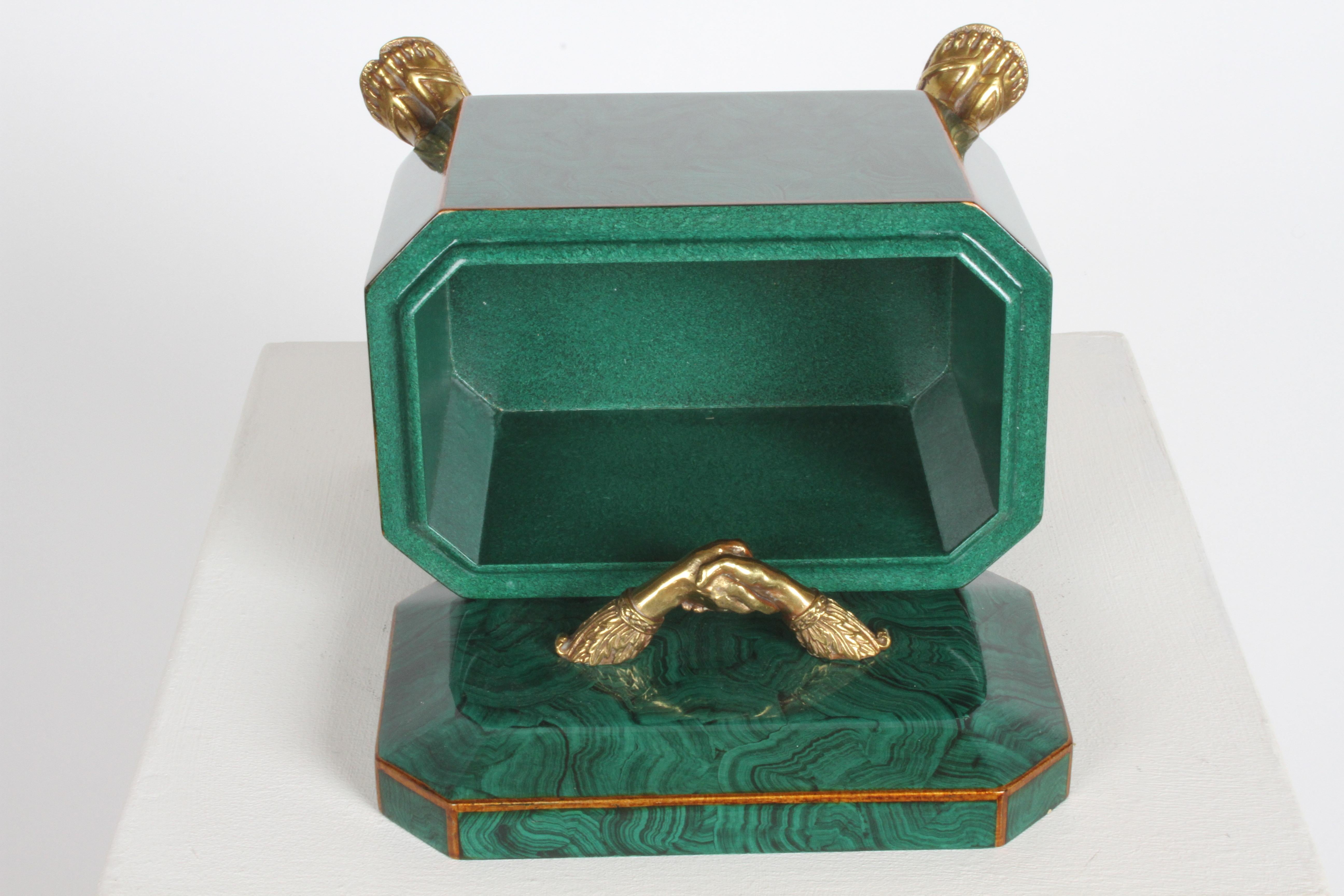 Maitland-Smith Fornasetti Style Faux Malachite Tole Box with Brass Hands & Feet 5