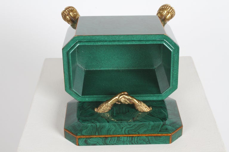 Maitland-Smith Fornasetti Style Faux Malachite Tole Box with Brass Hands & Feet  For Sale 8