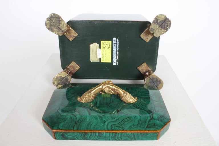 Maitland-Smith Fornasetti Style Faux Malachite Tole Box with Brass Hands & Feet  For Sale 10