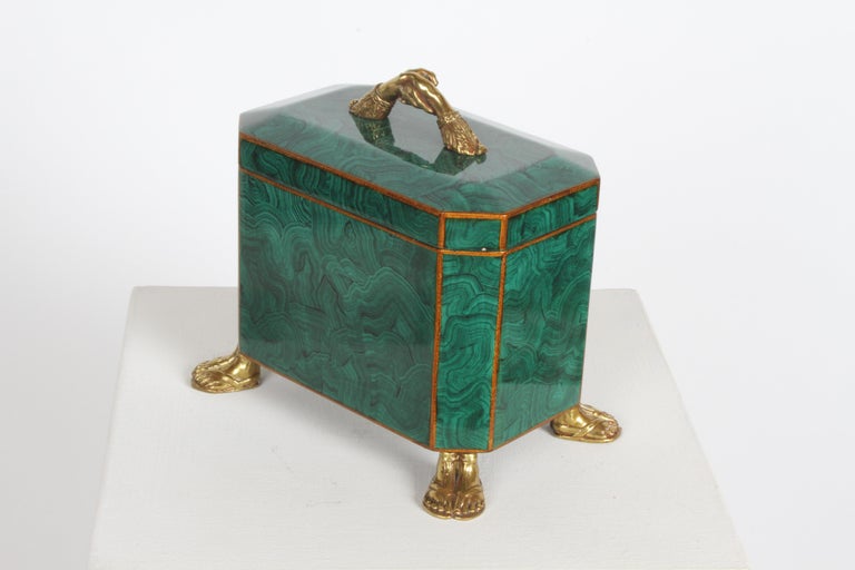Late 20th Century Maitland-Smith Fornasetti Style Faux Malachite Tole Box with Brass Hands & Feet  For Sale
