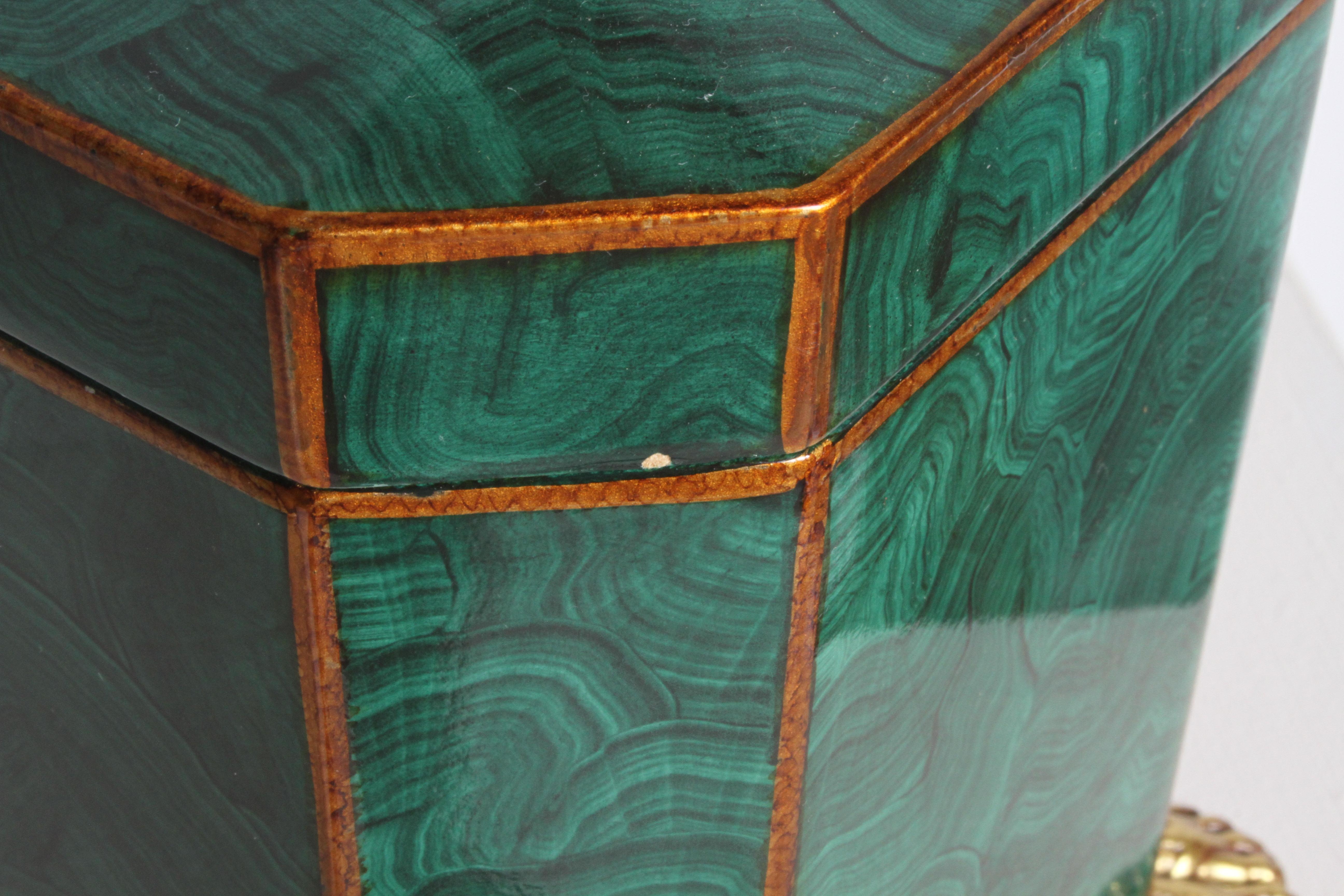 Philippine Maitland-Smith Fornasetti Style Faux Malachite Tole Box with Brass Hands & Feet